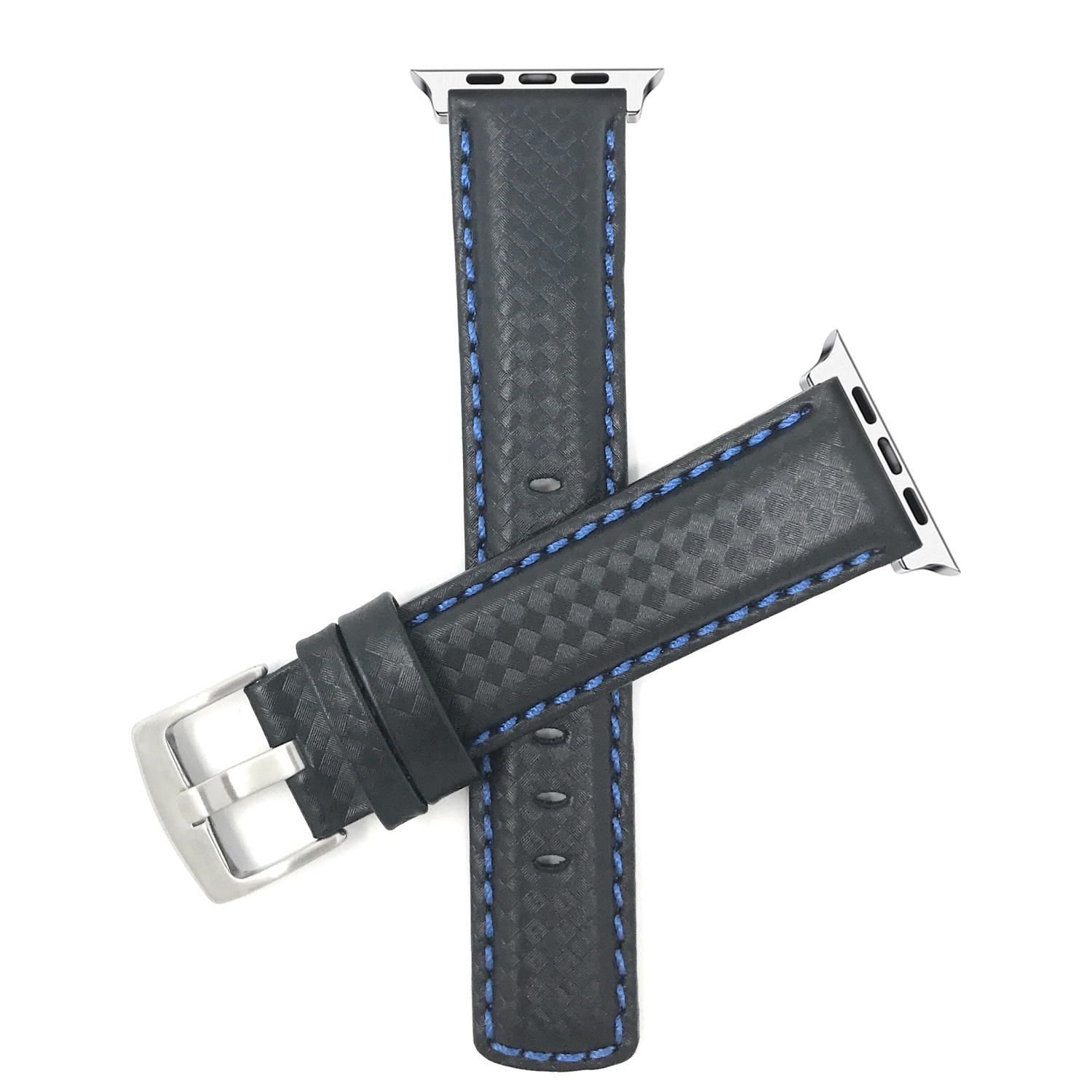 Bandini Leather Watch Strap for Apple Watch Band 42mm /41mm / 40mm / 38mm, Series 11 10 9 8 7 6 5 & SE, Carbon Fiber, Black / Blue / Silver