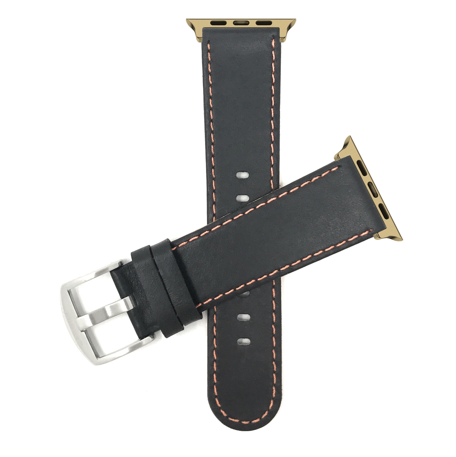 Bandini Leather Replacement Watch Strap for Apple Watch Band 42mm /41mm / 40mm / 38mm, Series 11 10 9 8 7 6 5 & SE - Thin - Black / Orange / Gold