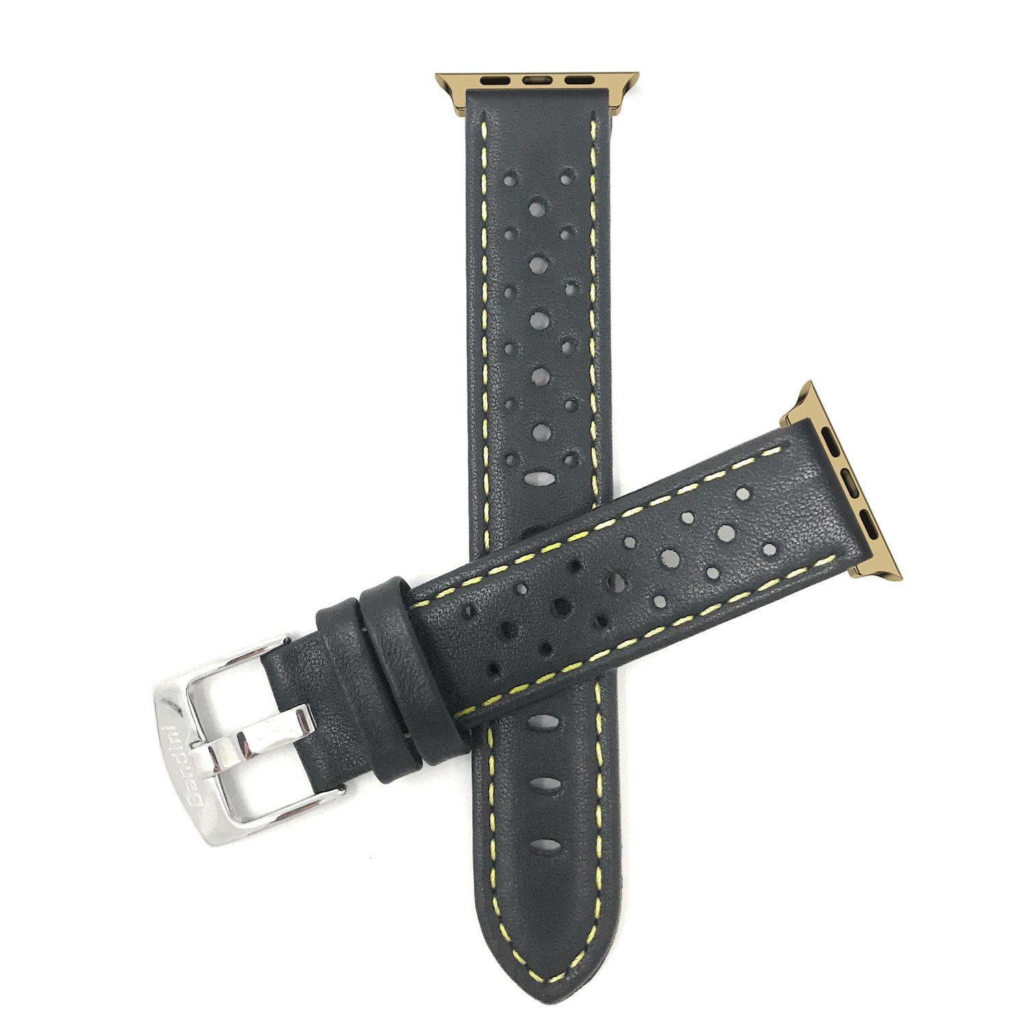 Bandini Leather Replacement Watch Strap for Apple Watch Band 42mm /41mm / 40mm / 38mm, Series 11 10 9 8 7 6 5 & SE - Rally - Black / Yellow / Gold