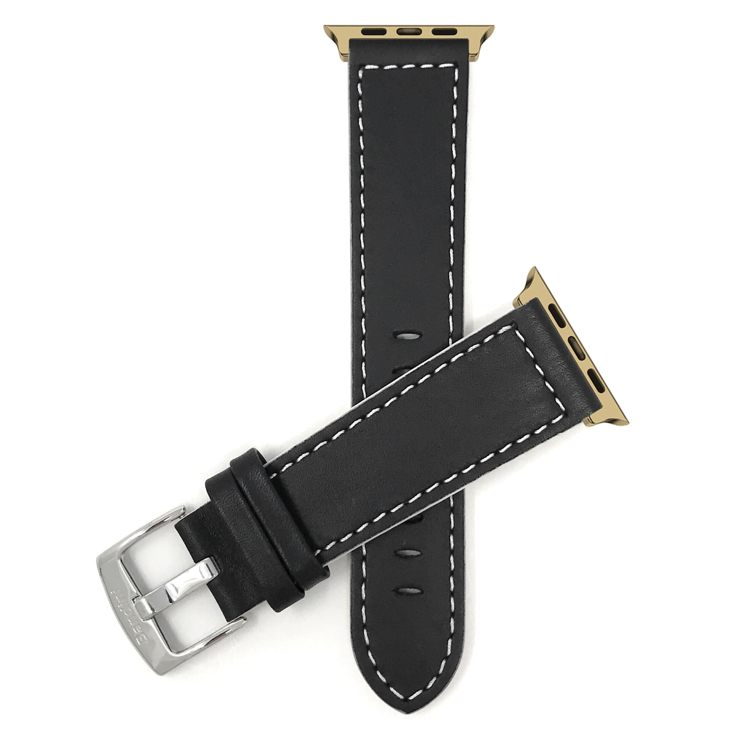 Bandini Leather Replacement Watch Strap for Apple Watch Band 42mm / 44mm / 45mm / 49mm, Series 9 8 7 6 5 4 3 2 1 SE & Ultra - Racer - Black / White / Gold