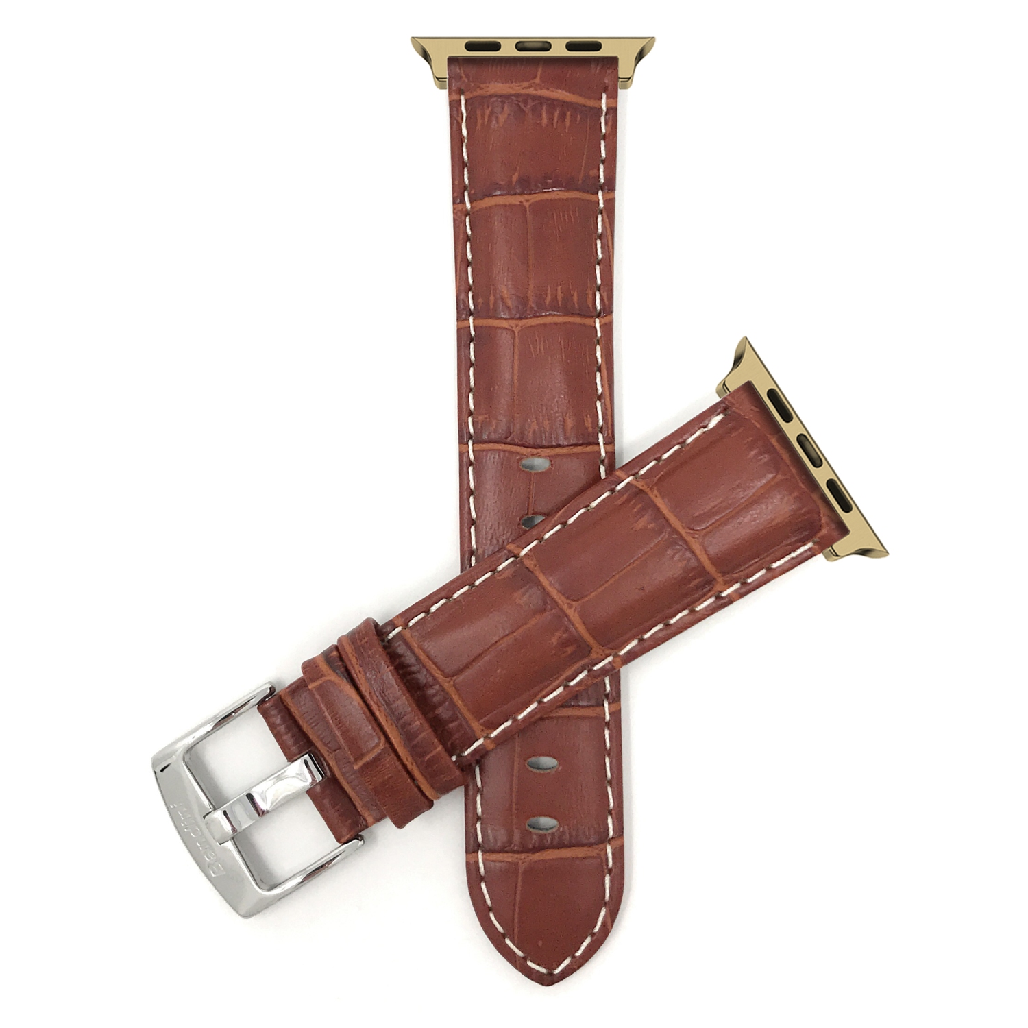 Bandini Leather Replacement Watch Strap for Apple Watch Band 42mm /41mm / 40mm / 38mm, Series 11 10 9 8 7 6 5 & SE, Alligator Pat., Dark Tan / Gold