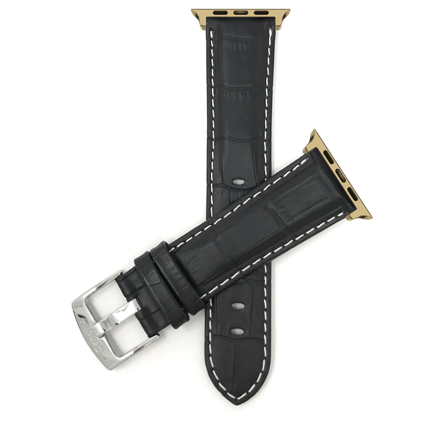 Bandini Leather Replacement Watch Strap for Apple Watch Band 42mm /41mm / 40mm / 38mm, Series 11 10 9 8 7 6 5 SE - Alligator Pattern - Black / Gold