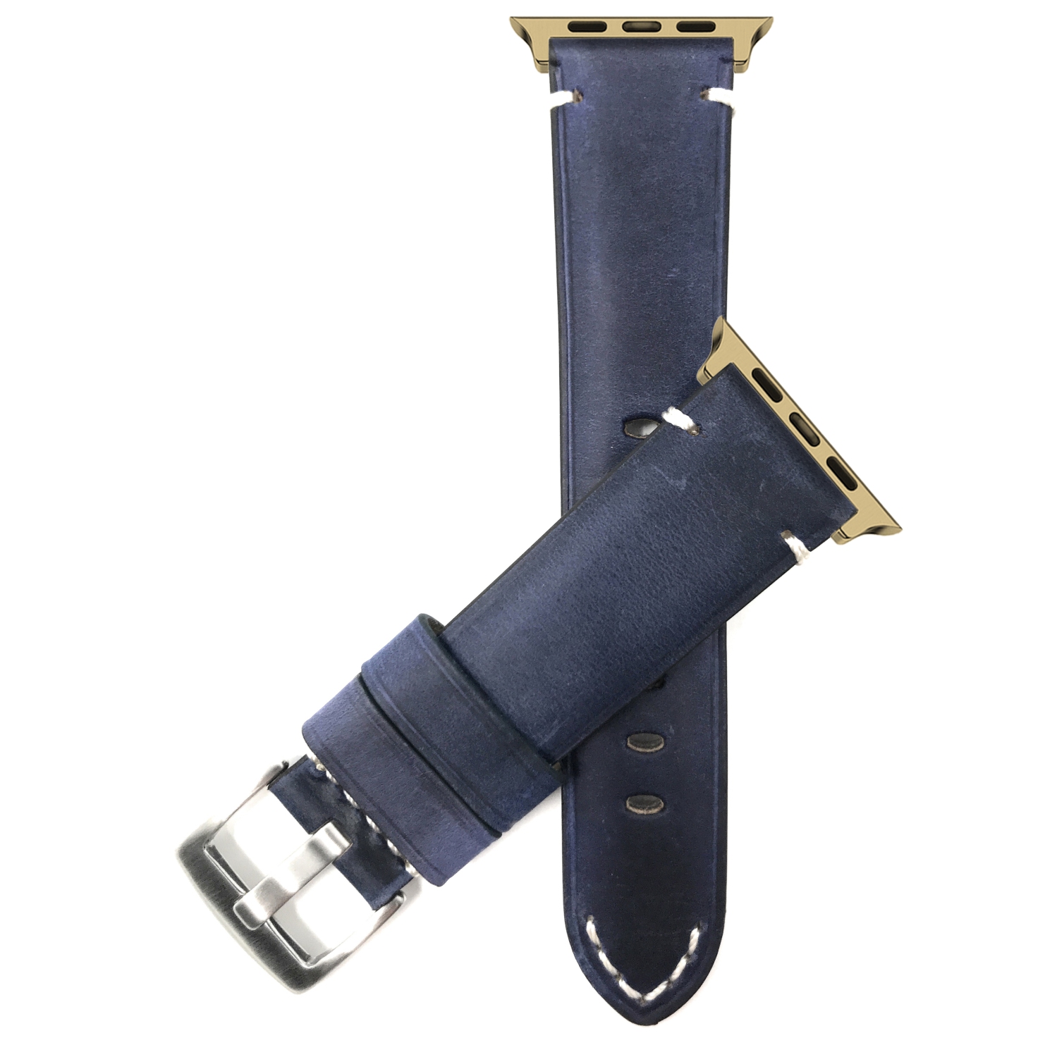 Bandini Extra Long (XL) Leather Watch Strap for Apple Watch Band 42mm / 44mm / 45mm / 49mm, Series 9 8 7 6 5 4 3 2 1 SE & Ultra, Distressed, Blue / Gold