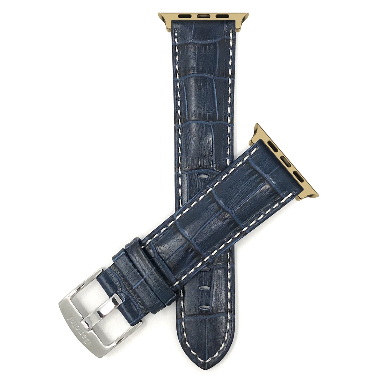 Bandini Leather Replacement Watch Strap for Apple Watch Band 42mm / 44mm / 45mm / 49mm, Series 8 7 6 5 4 3 2 1 SE & Ultra - Alligator Pattern - Blue / Gold