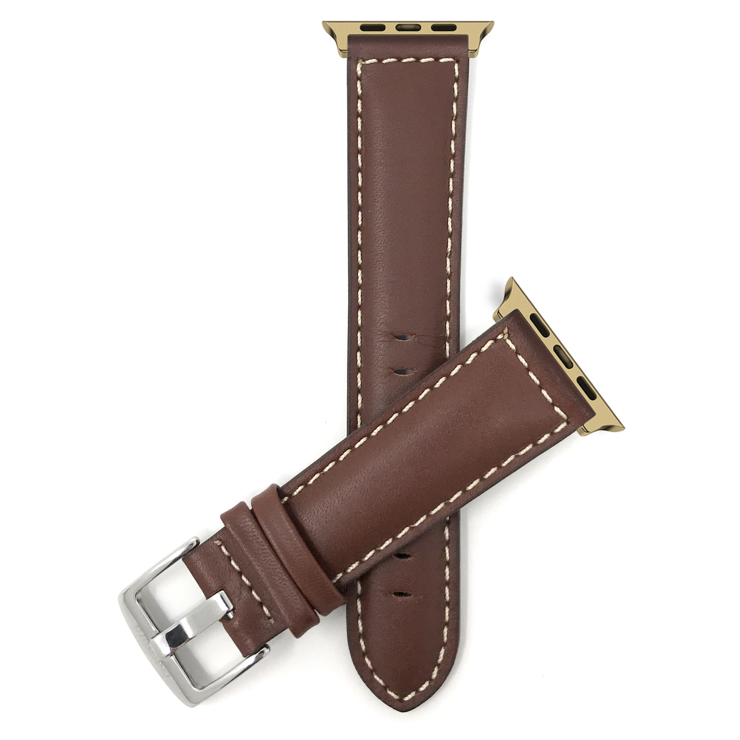 Bandini Leather Replacement Watch Strap for Apple Watch Band 41mm / 40mm / 38mm, Series 8 7 6 5 4 3 2 1 & SE - Light Brown / White / Gold