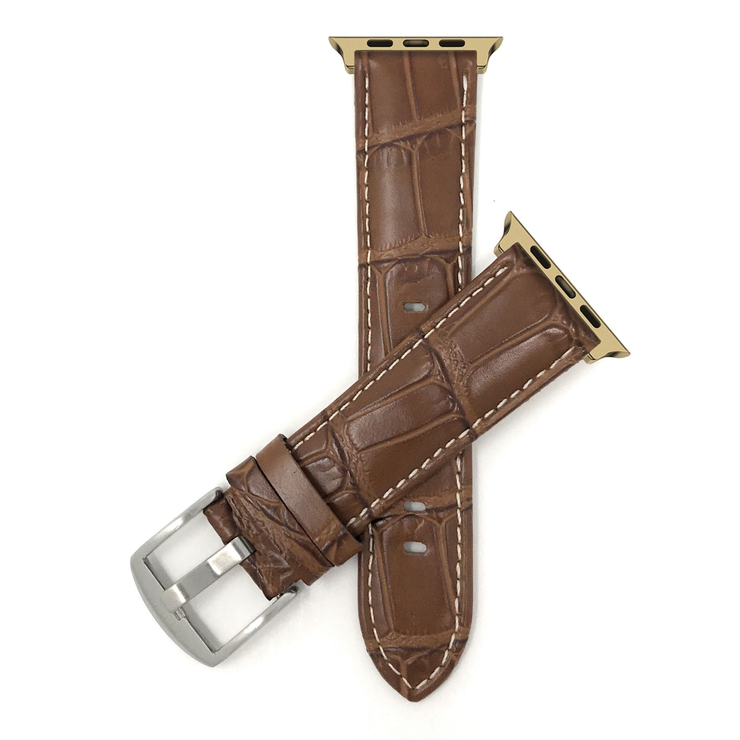 Bandini Leather Replacement Watch Strap for Apple Watch Band 42mm /41mm / 40mm / 38mm, Series 11 10 9 8 7 6 5 & SE - Crocodile Pattern - Tan / Gold