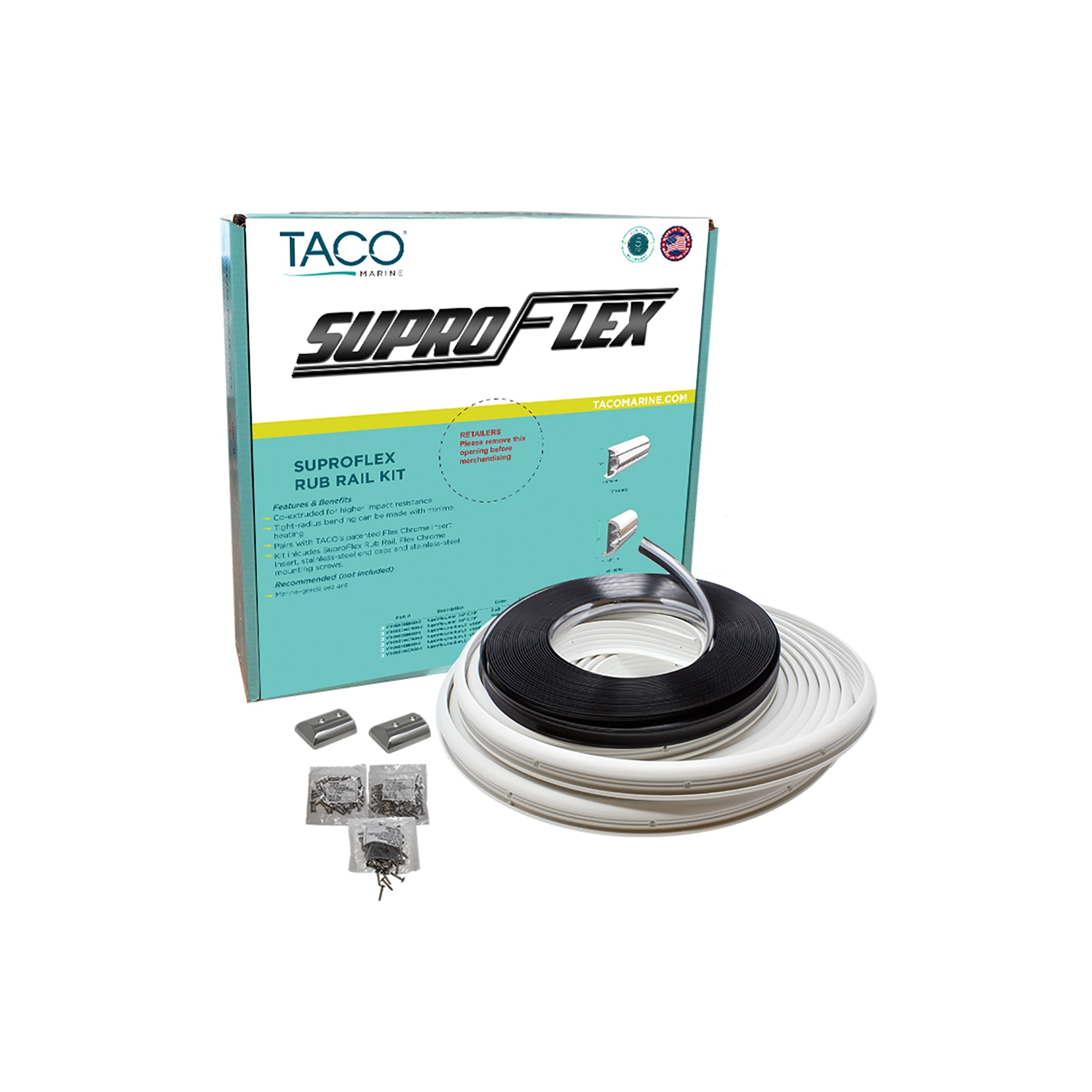 TACO SuproFlex Rub Rail Kit - White with Flex Chrome Insert - 2"H x 1.2"W x 60'L