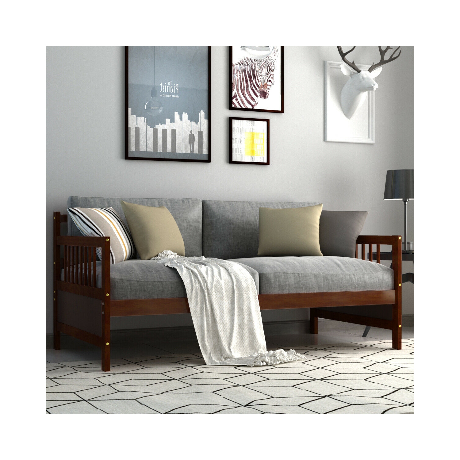 Gymax Cadre deCanapé-lit Double Solide avec Rails