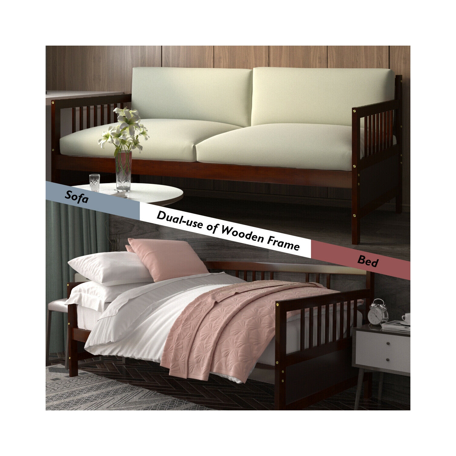 Gymax Cadre deCanapé-lit Double Solide avec Rails