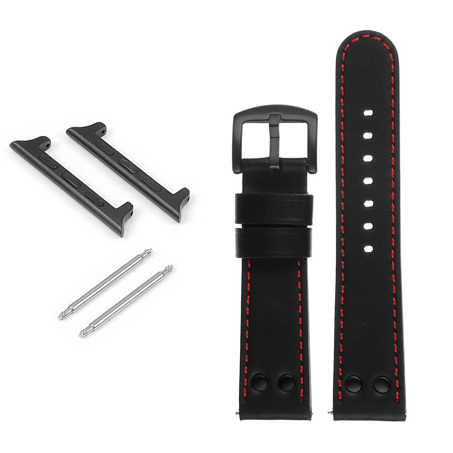 DASSARI Pilot Leather Watch Band w/ Matte Black Rivets for Apple Watch - 38mm - Black & Red