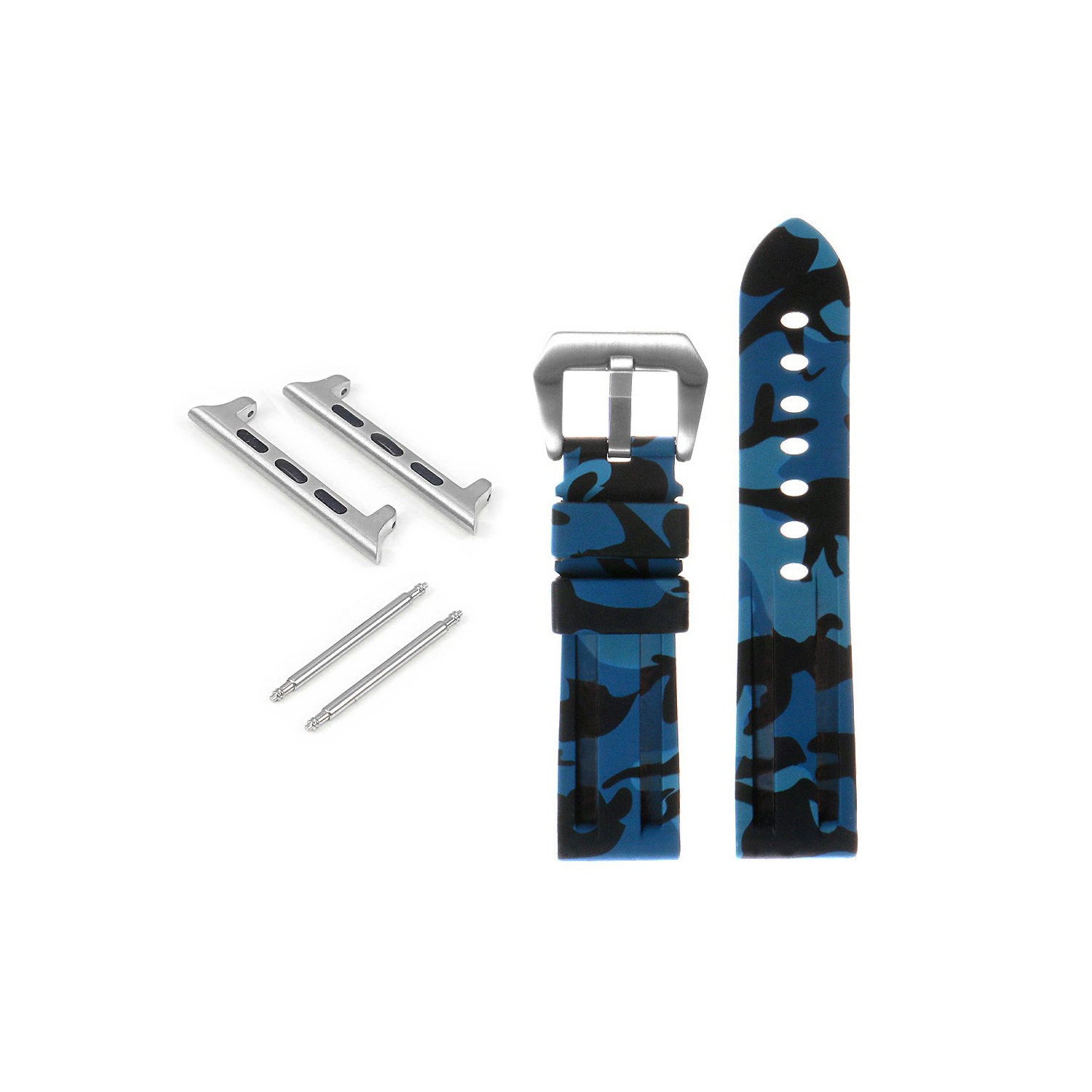 StrapsCo Bracelet de montre en silicone camo avec boucle Pre-V en acier inoxydable brossé pour Apple Watch - 42mm - Camo Bleu