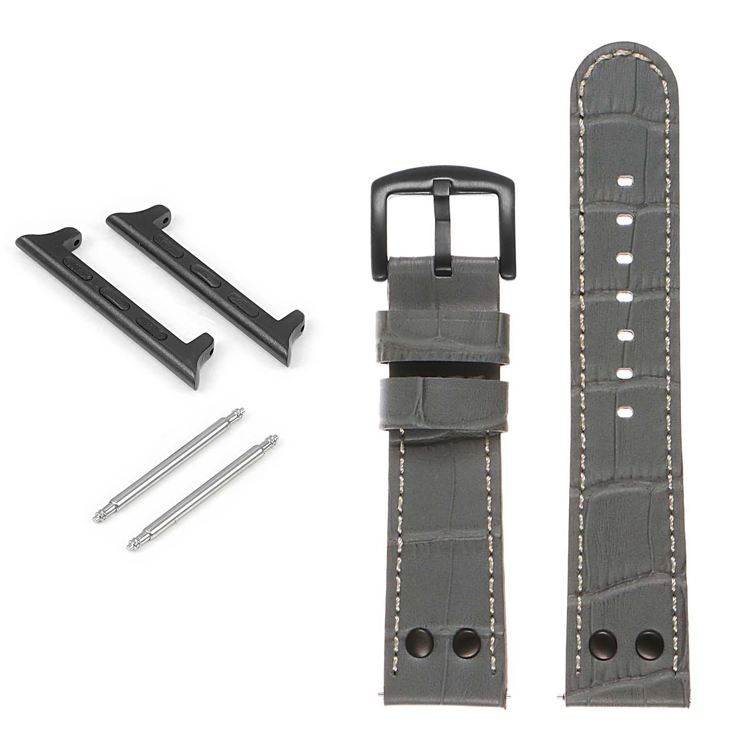 DASSARI Croc Embossed Leather Pilot Watch Band w/ Matte Black Rivets for Apple Watch - 44mm - Grey