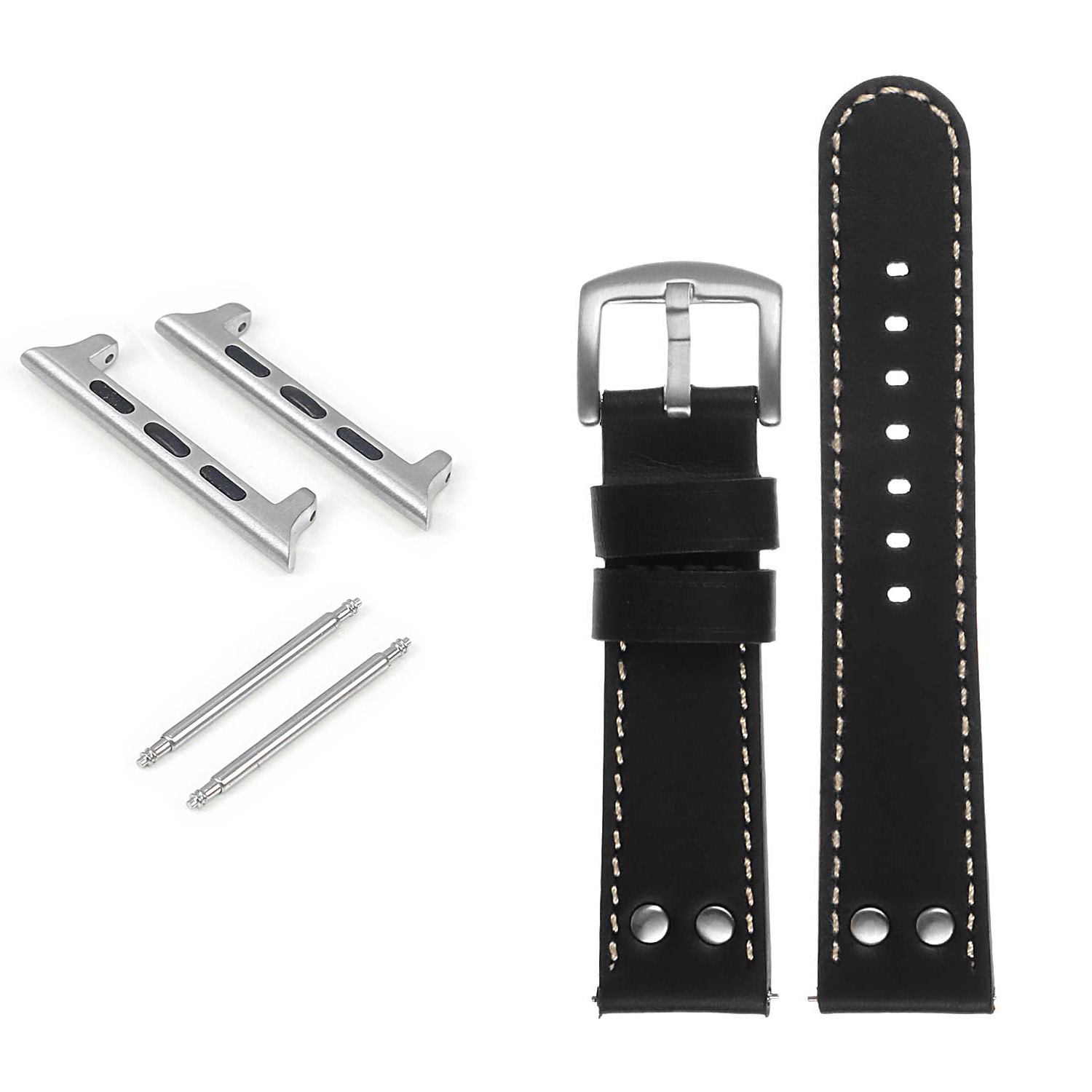 DASSARI Pilot Leather Watch Band w/ Rivets for Apple Watch - 38mm - Black & White