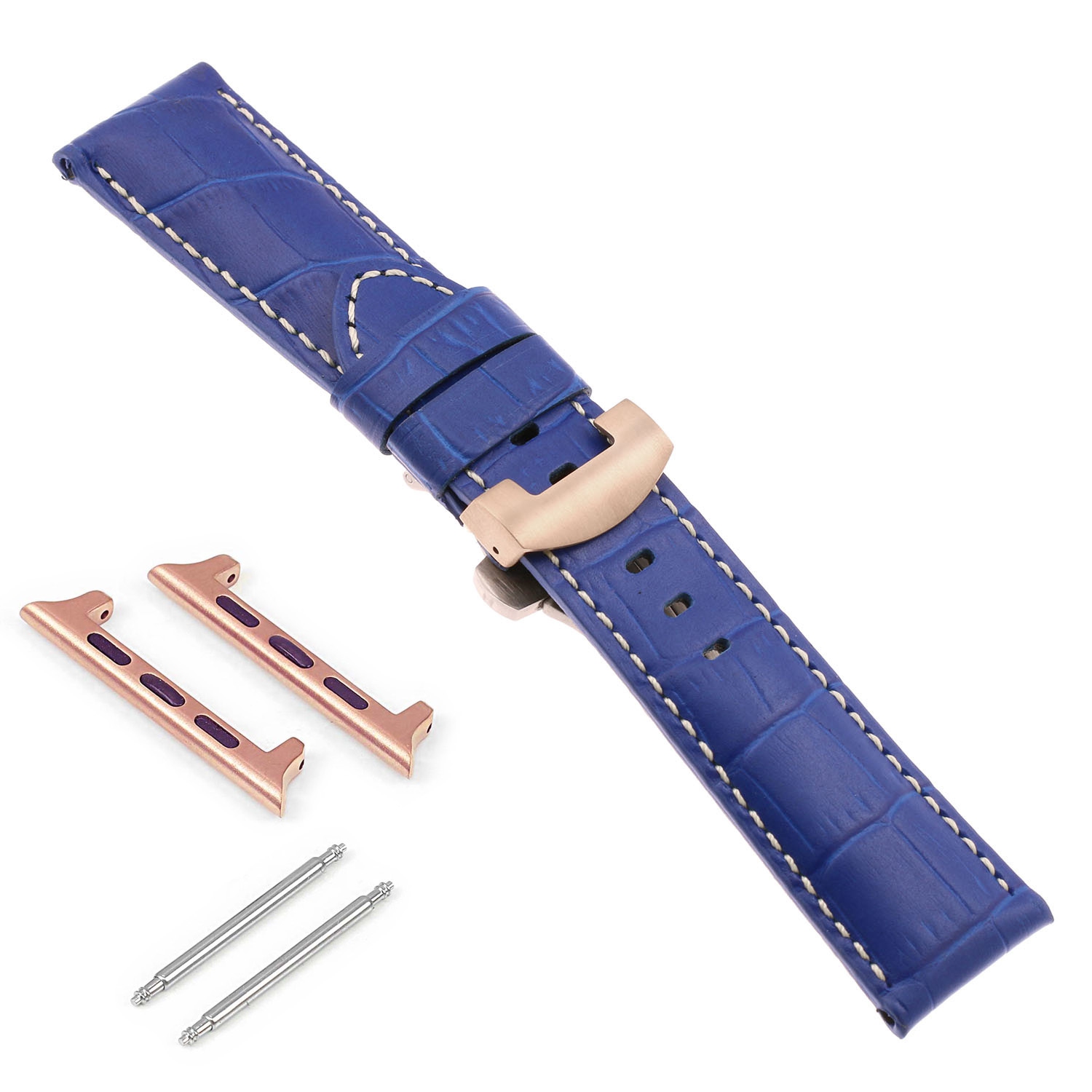DASSARI Bracelet en cuir croco avec fermoir déployant en or rose pour Apple Watch - 44mm - Bleu