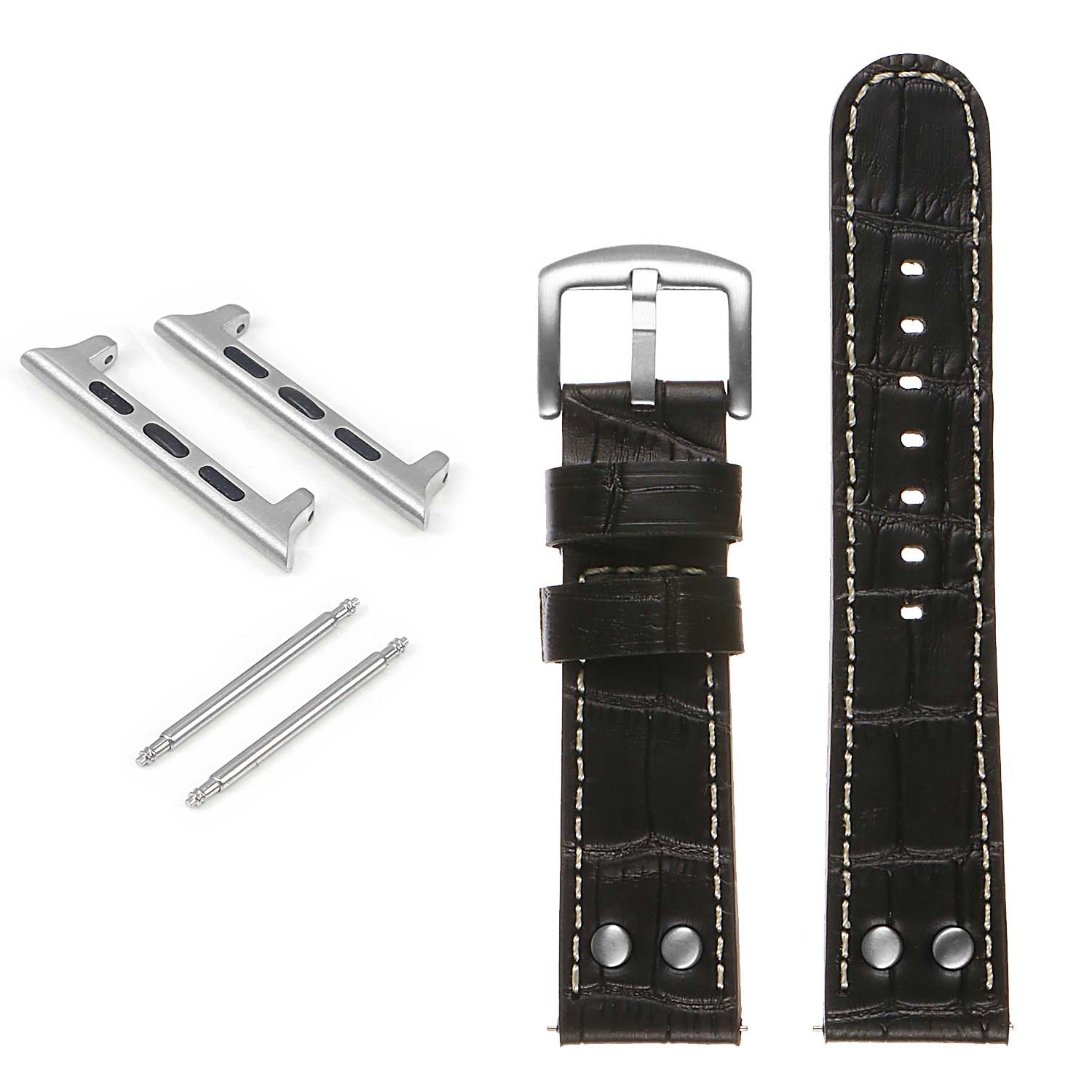 DASSARI Croc Embossed Leather Pilot Watch Band w/ Rivets for Apple Watch - 42mm - Black