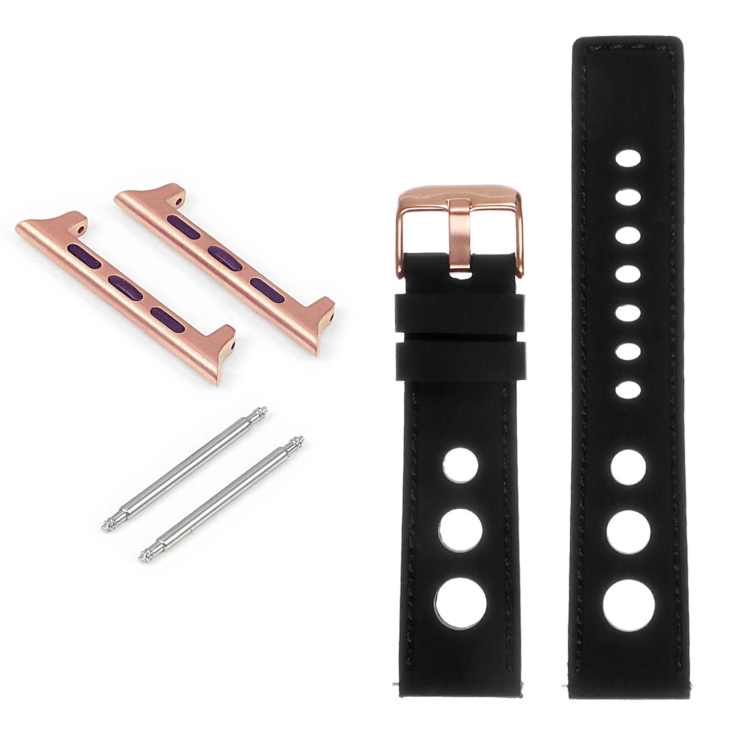 StrapsCo Bracelet de rallye en caoutchouc avec boucle en or rose pour Apple Watch - 44mm - Noir