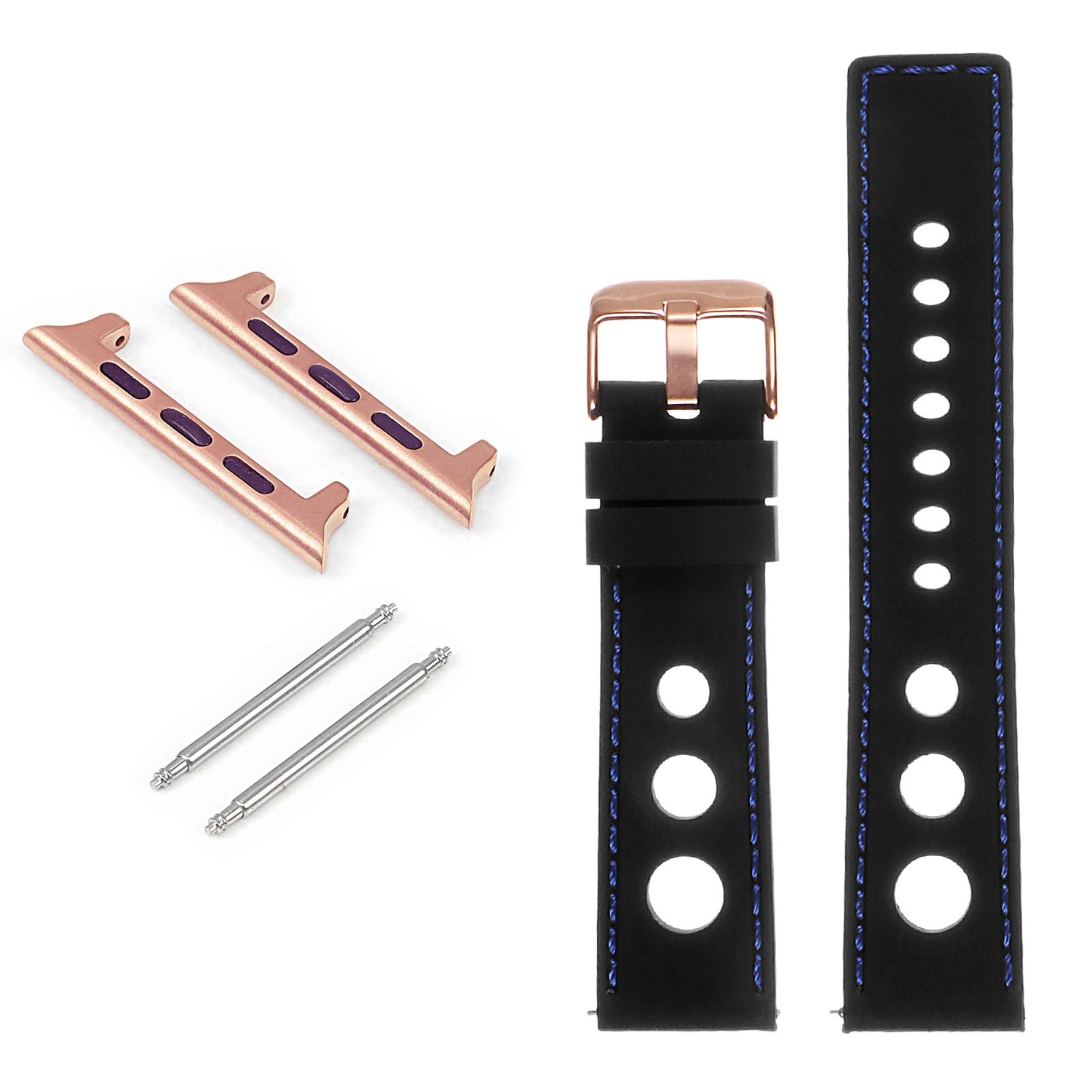 StrapsCo Rubber Rally Strap with Rose Gold Buckle for Apple Watch - 38mm - Black & Blue