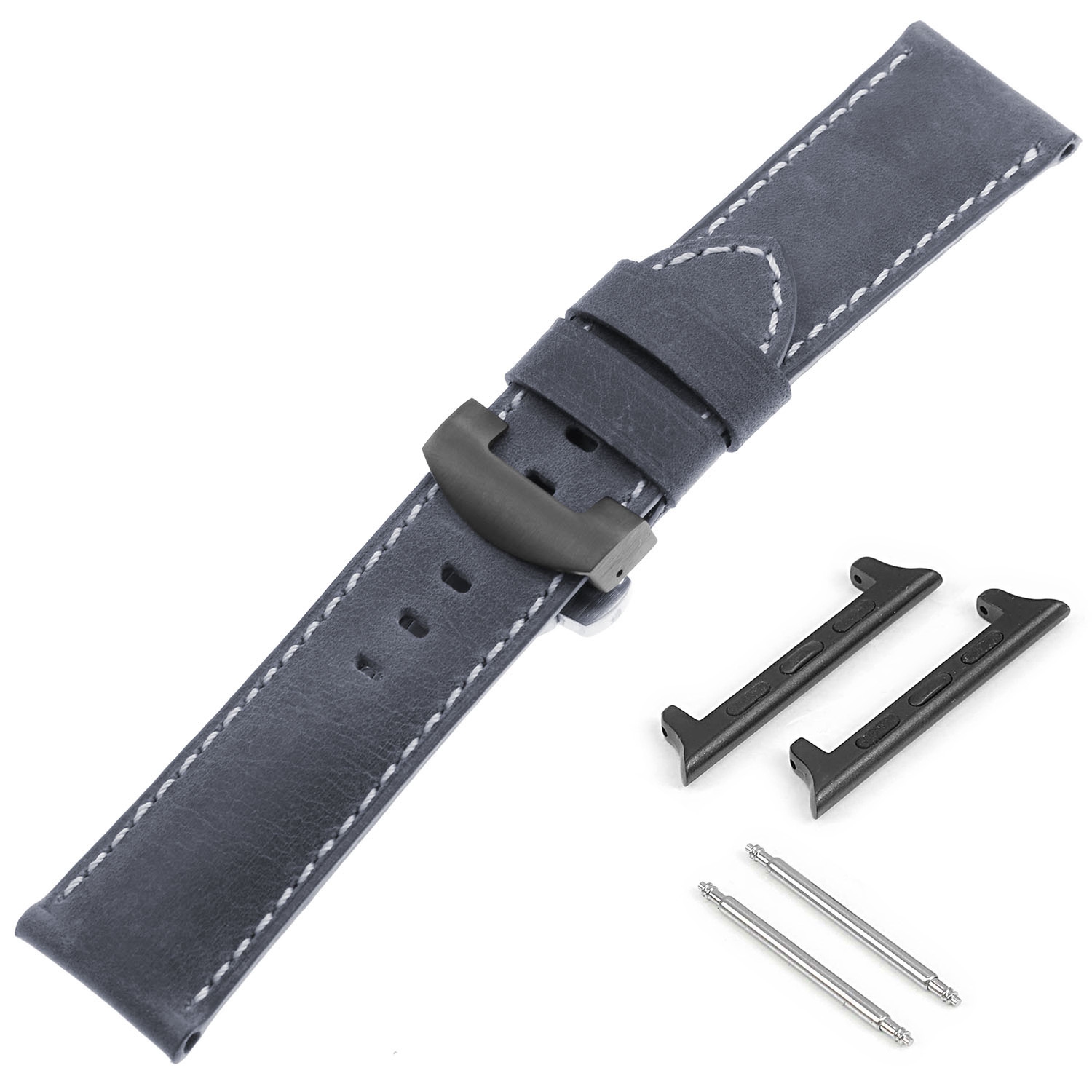 DASSARI Vintage Leather Strap w/ Black Deployant Clasp for Apple Watch - 44mm - Oyster Blue