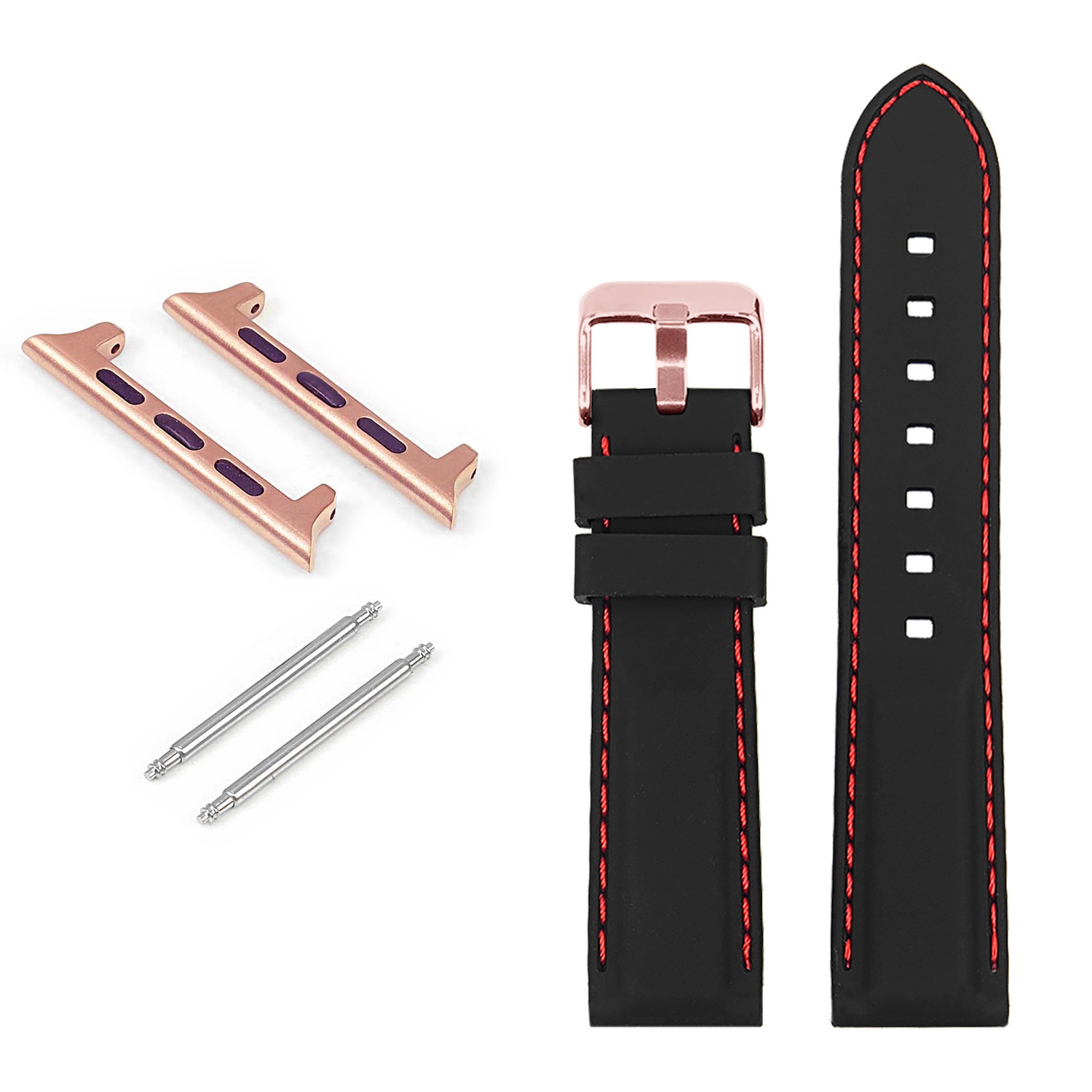 StrapsCo Rubber Strap with Stitching & Rose Gold Buckle for Apple Watch - 42mm - Black & Red