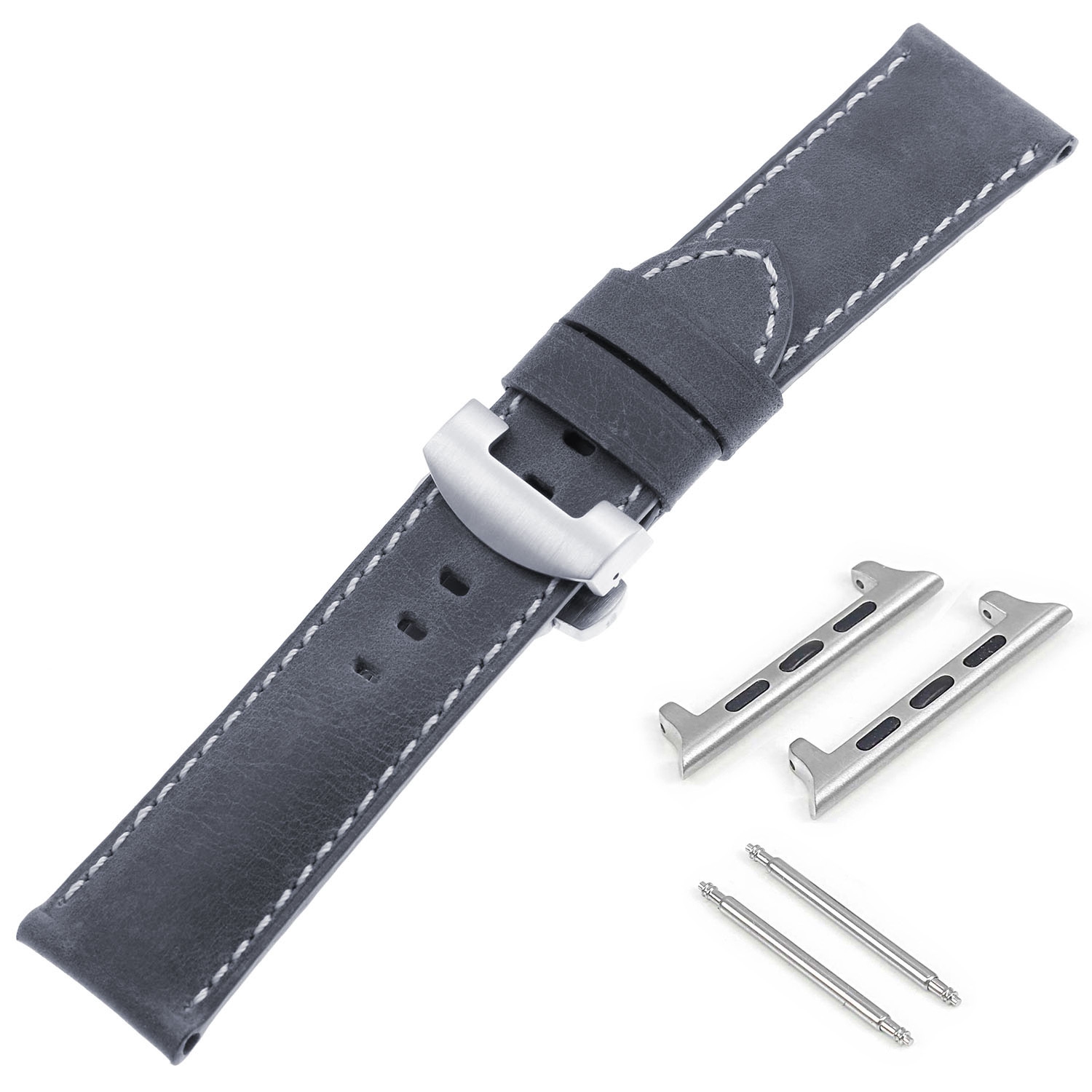DASSARI Vintage Leather Strap w/ Silver Deployant Clasp for Apple Watch - 42mm - Oyster Blue
