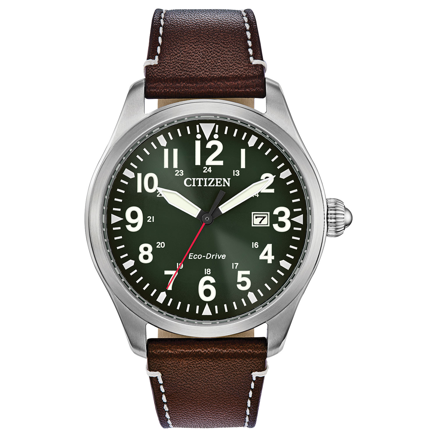 Citizen Garrison Eco-Drive Watch 42mm Men's Watch - Silver-Tone Case, Brown Leather Strap & Green Dial