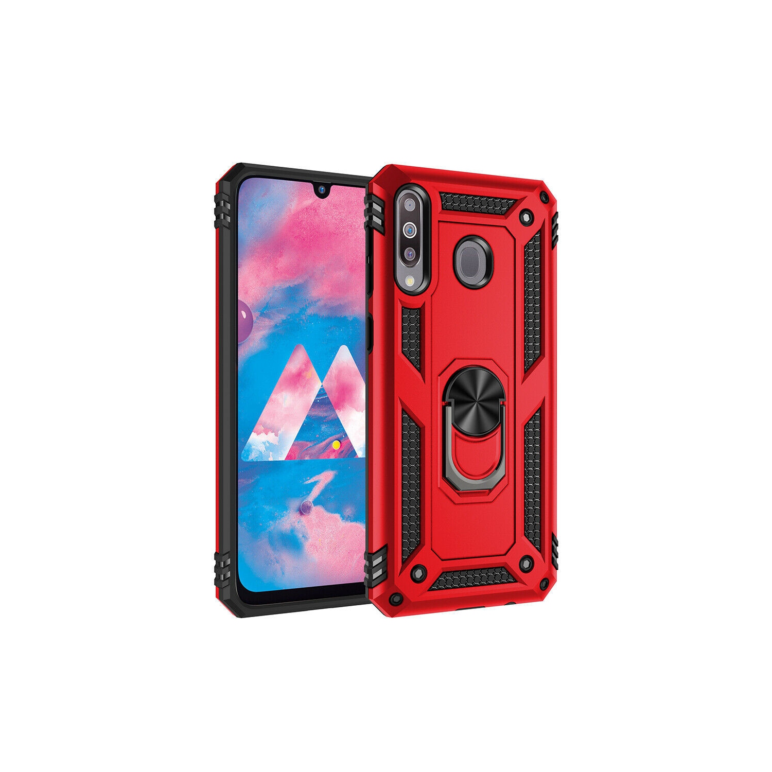 Étui rigide magnétique hybride anti-chute avec porte-anneau pour Samsung Galaxy A20s, rouge