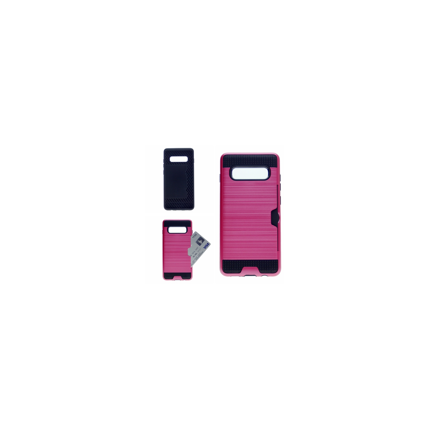 Brush Style Dual Layer w/Card Slot Armor Case For Samsung S10e, Hot Pink