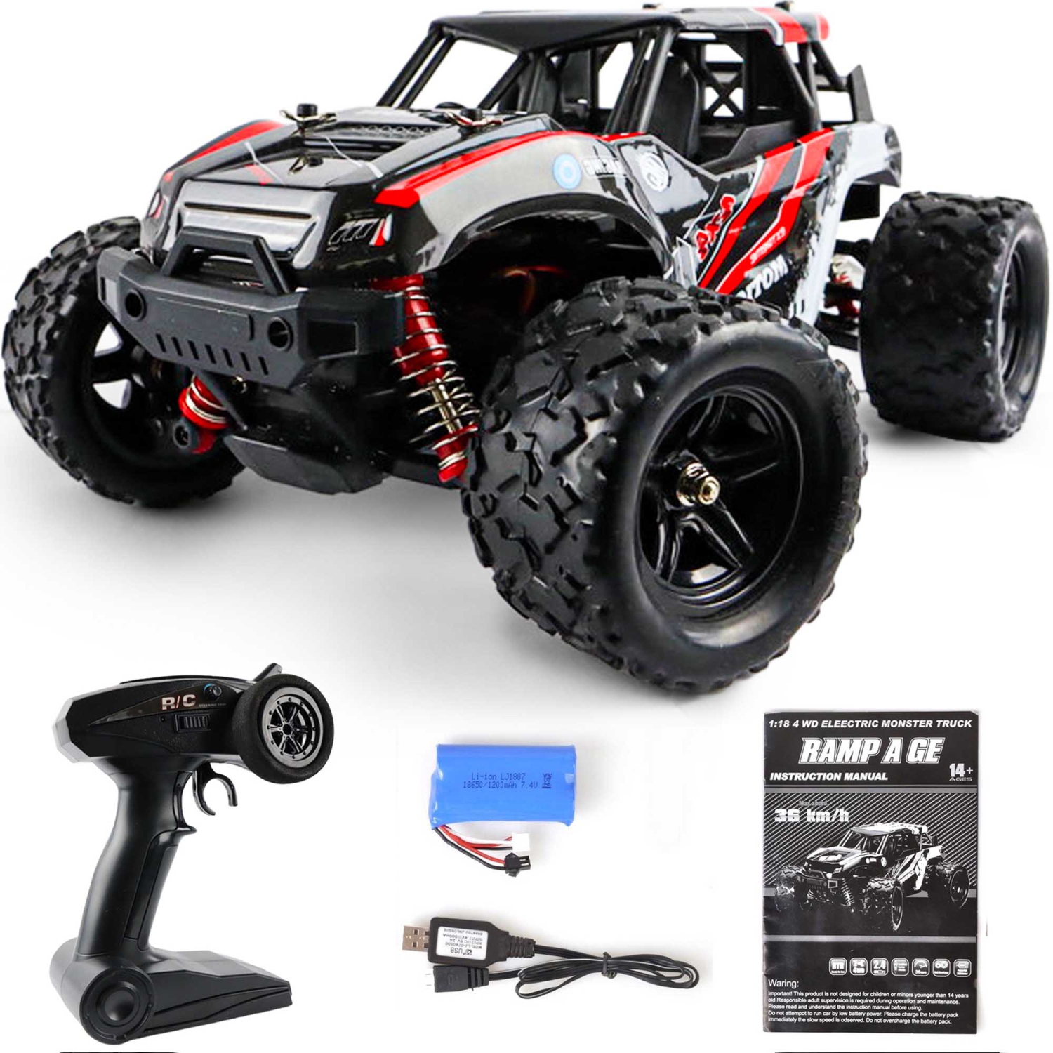MotionGrey 1:18 Remote Control RC Car High-Speed 35km/h 4WD RC 2.4 Ghz Toy Off Road Monster Truck Buggy All Terrain Red for Adult