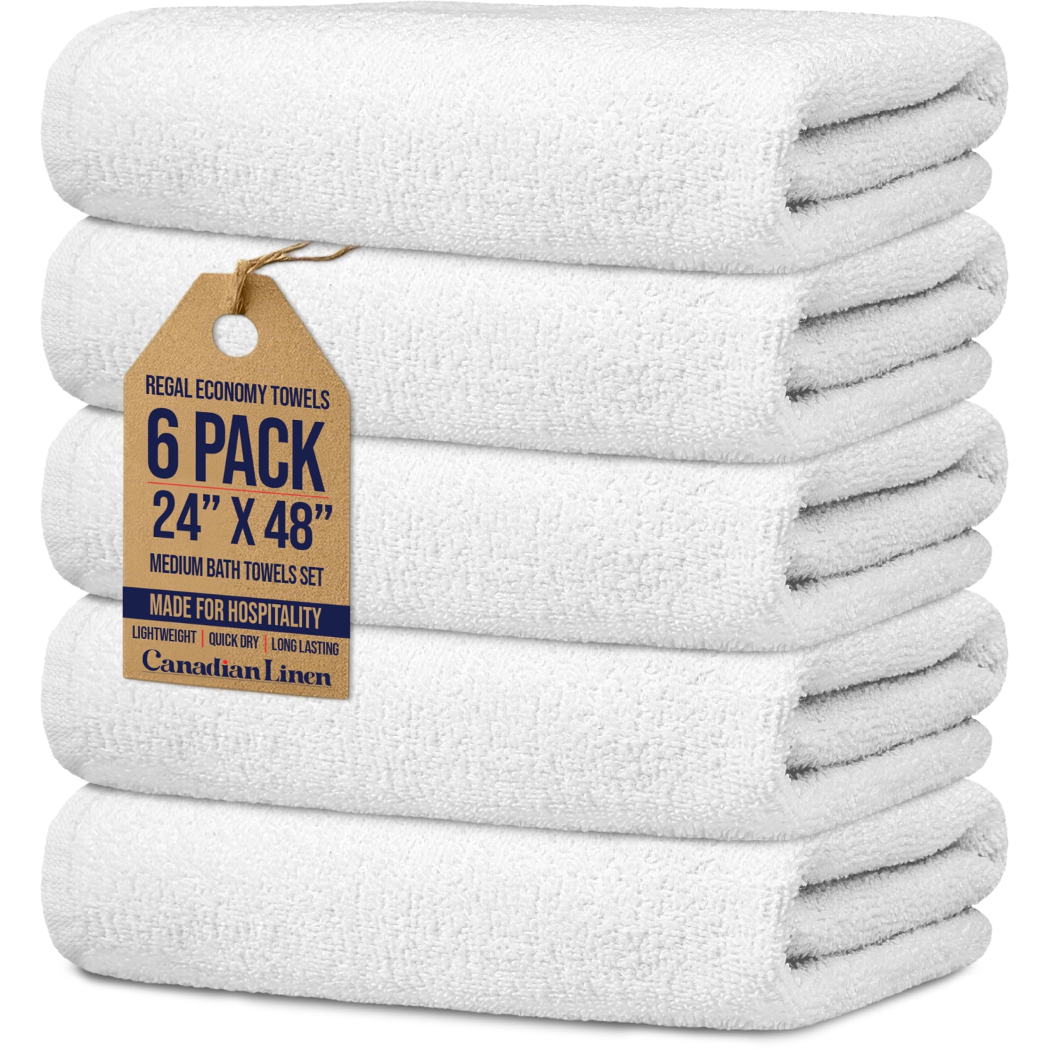 Canadian Linen Regal Economy Medium Bath Towels, 24”x48”, 6 Pack Soft Absorbent Cotton Lightweight Quick Dry Towels for Nursing Hospital, Motel, White