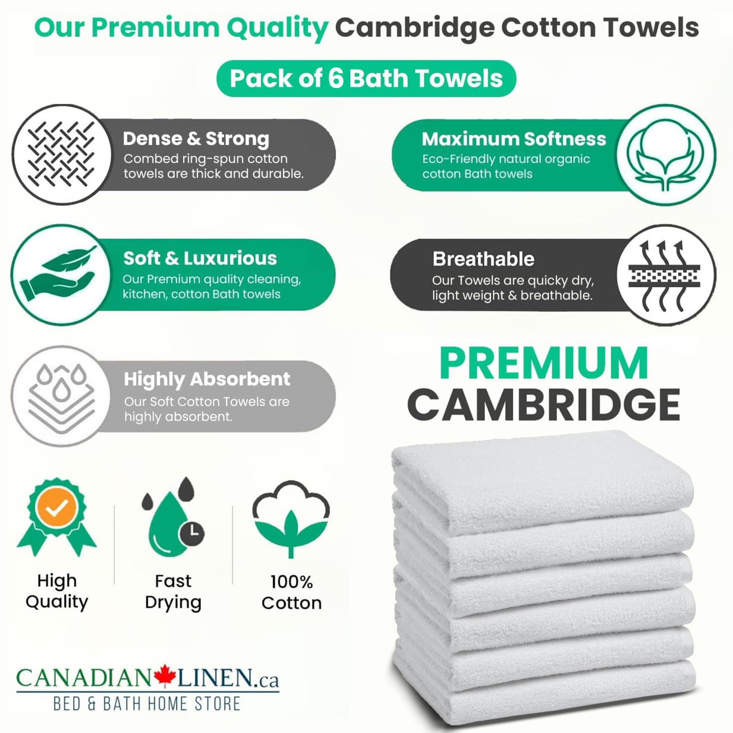 Canadian Linen Basic Economy White Bath Towels 24x50 inches 6 Pack Soft Absorbent Hospitality Cotton Towels for Bathroom, Hotel, Motel, Spa, Salon &