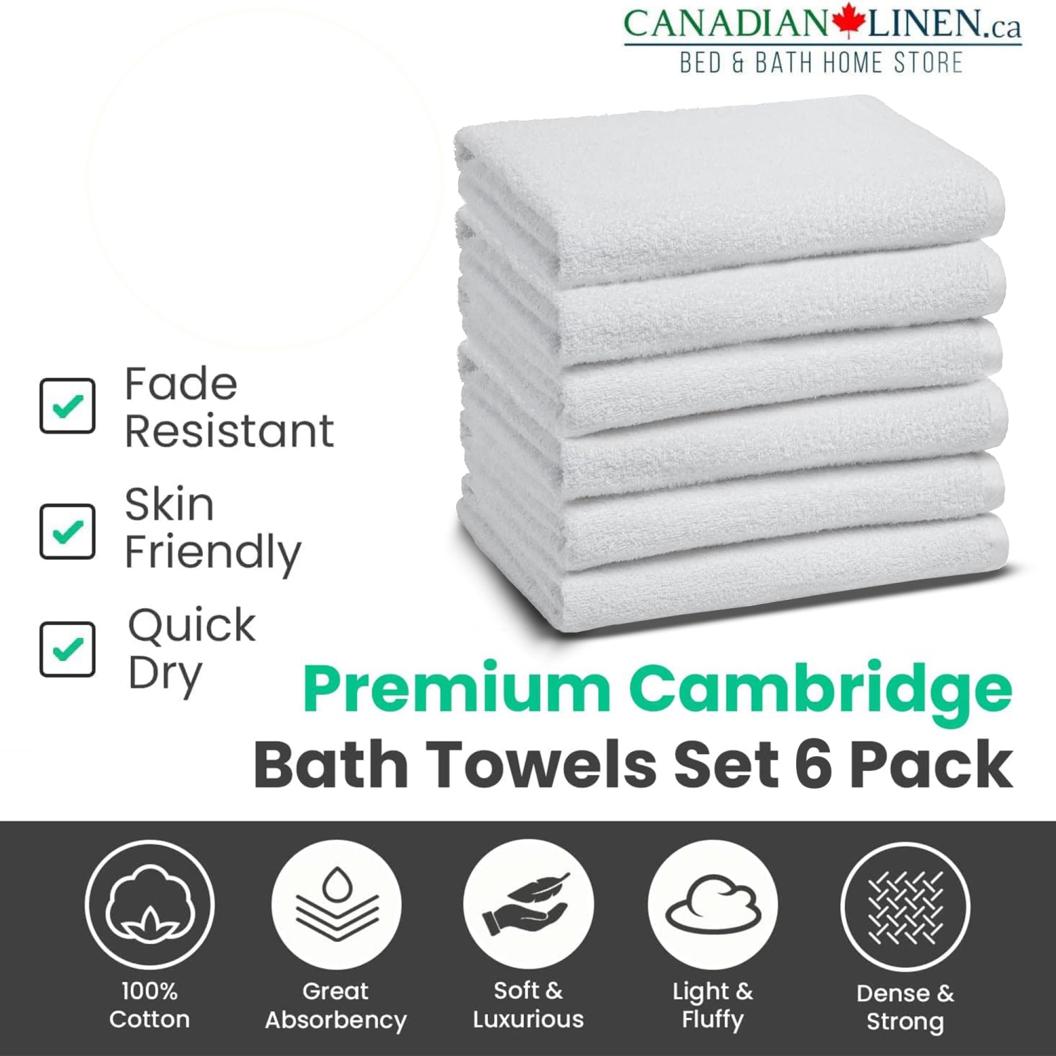 Canadian Linen Basic Economy White Bath Towels 24x50 inches 6 Pack Soft Absorbent Hospitality Cotton Towels for Bathroom, Hotel, Motel, Spa, Salon &
