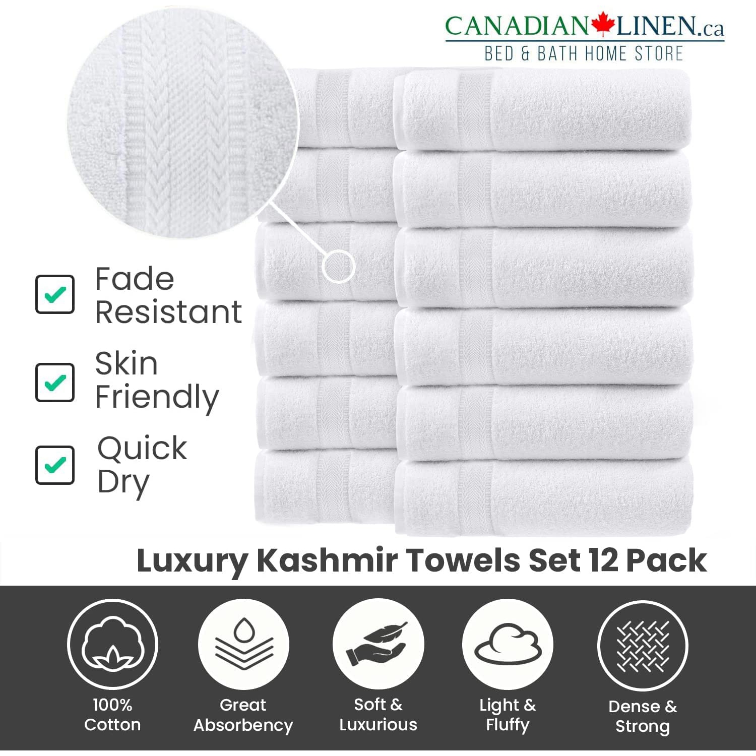 Canadian Linen Luxury White Washcloths Set 12 Pack 12x12 inches Natural Cotton Towels Wash Cloths for Your Face Soft Absorbent & Quick Drying Towel