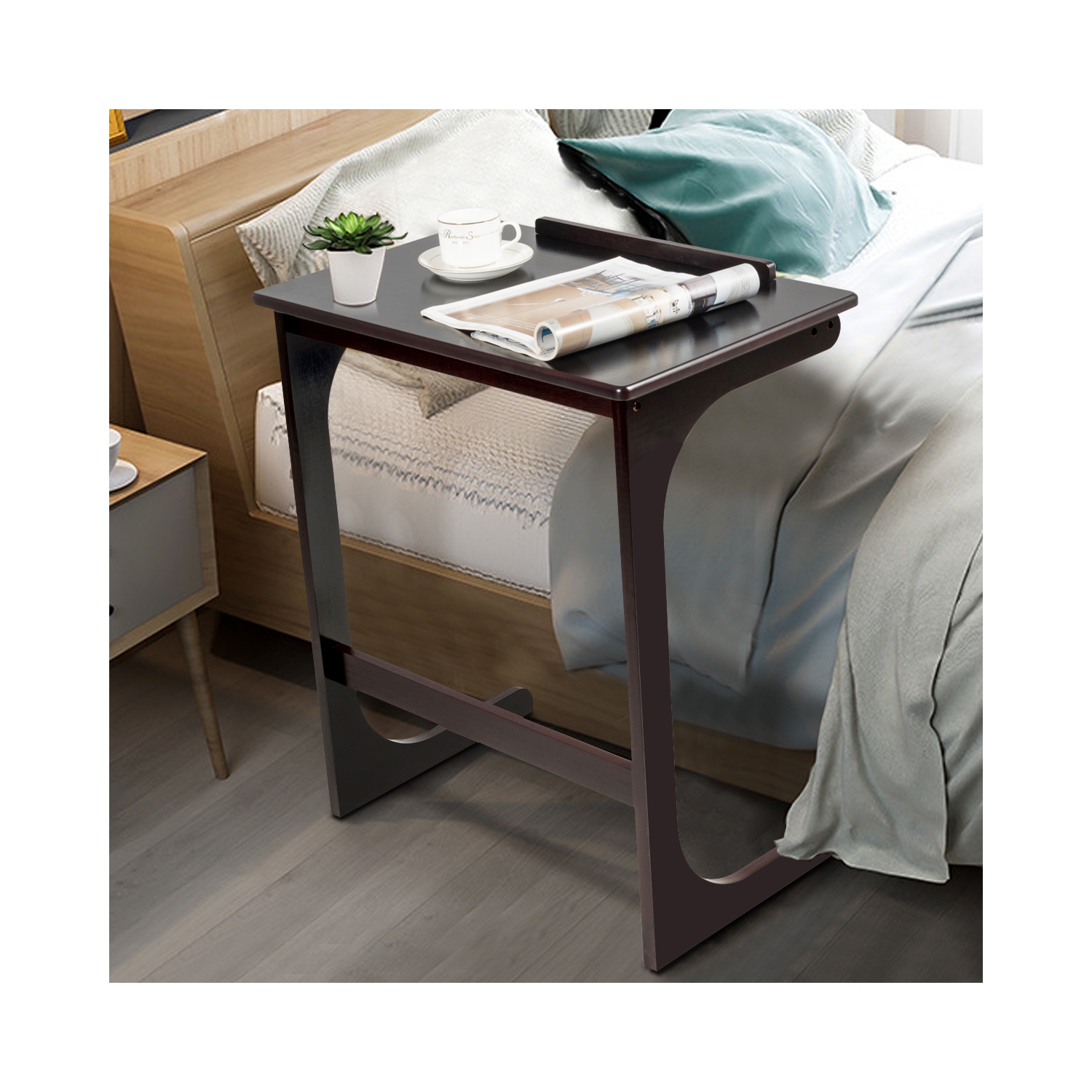 Costway Adjustable TV Tray C-Shape Sofa Couch End Table Laptop Desk W/Tilting Top Bamboo