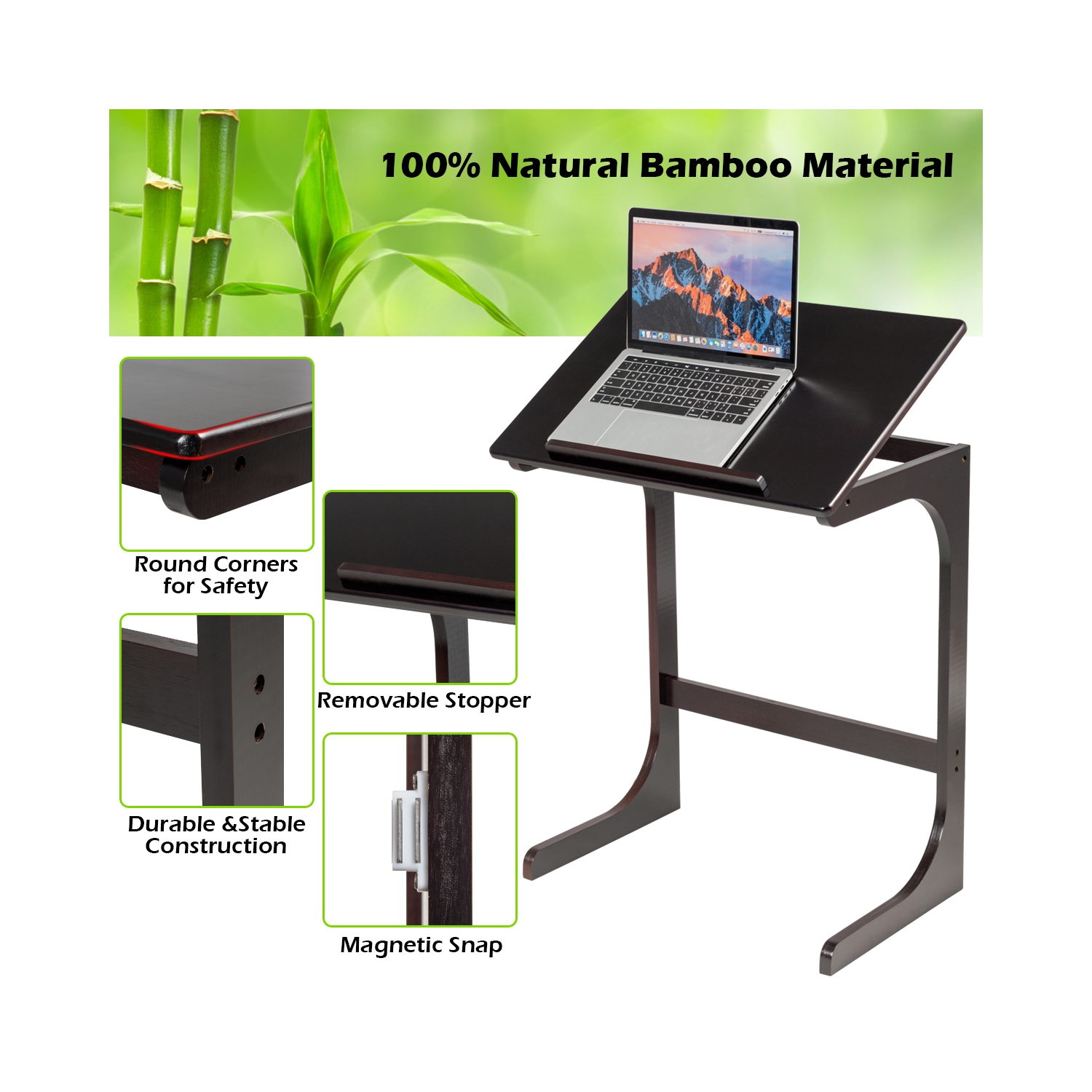 Costway Adjustable TV Tray C-Shape Sofa Couch End Table Laptop Desk W/Tilting Top Bamboo