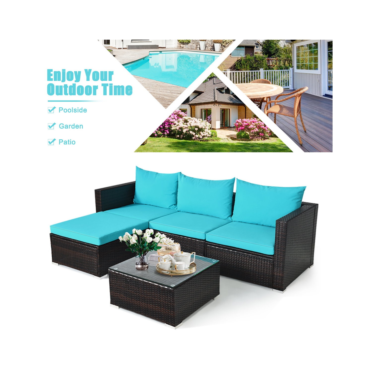 Ensemble de meubles de patio en rotin 5 pièces de Costway avec table basse et canapé modulaire