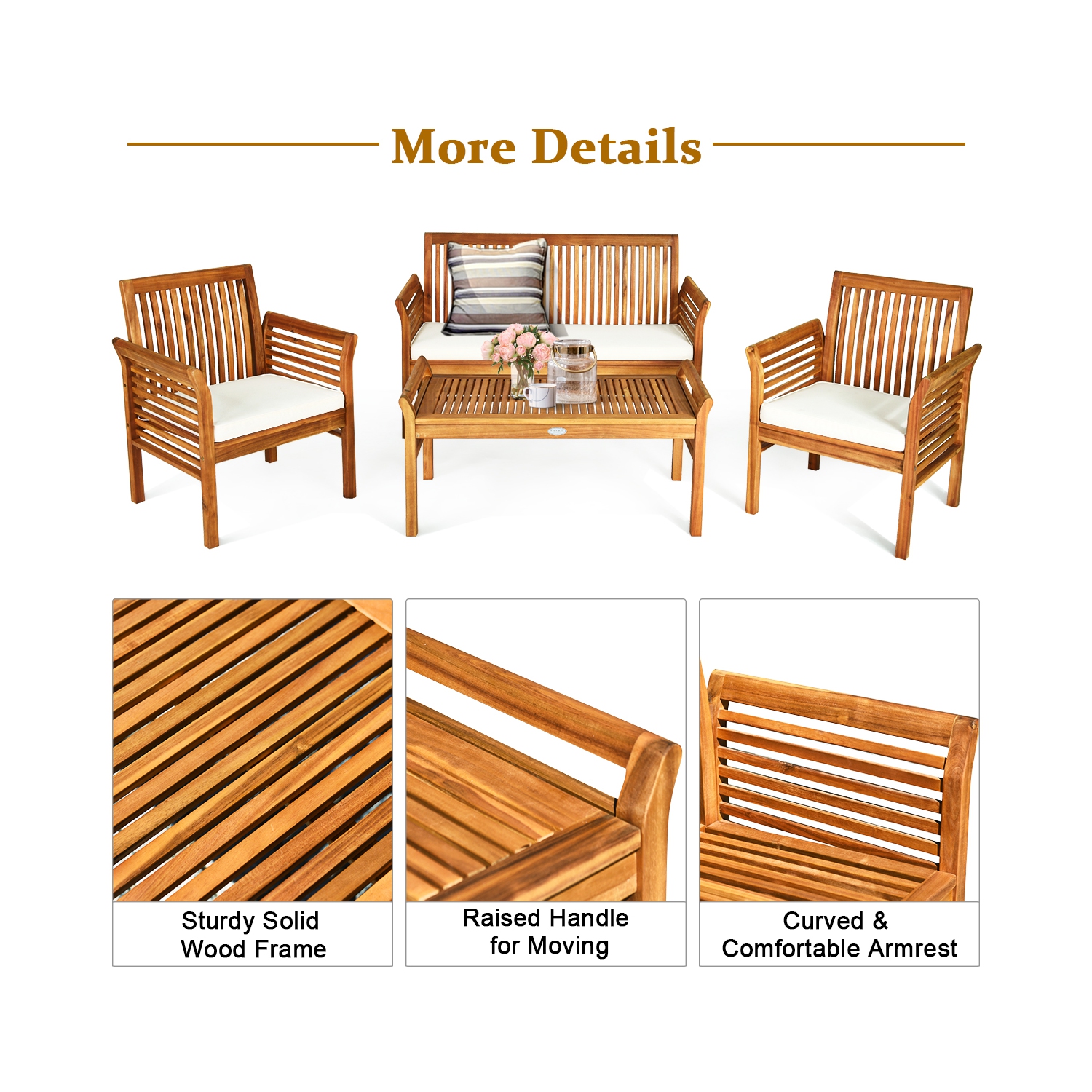 Costway 4 PCS Outdoor Acacia Wood Sofa Furniture Set Cushioned Chair Coffee Table Garden