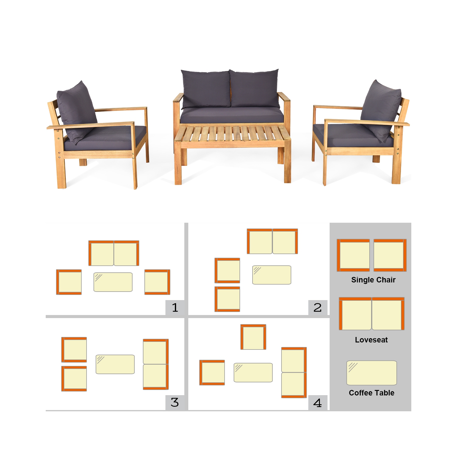Marque Costway Ensemble de 8 meubles de patio en bois d'acacia avec coussin épais et canapé gris