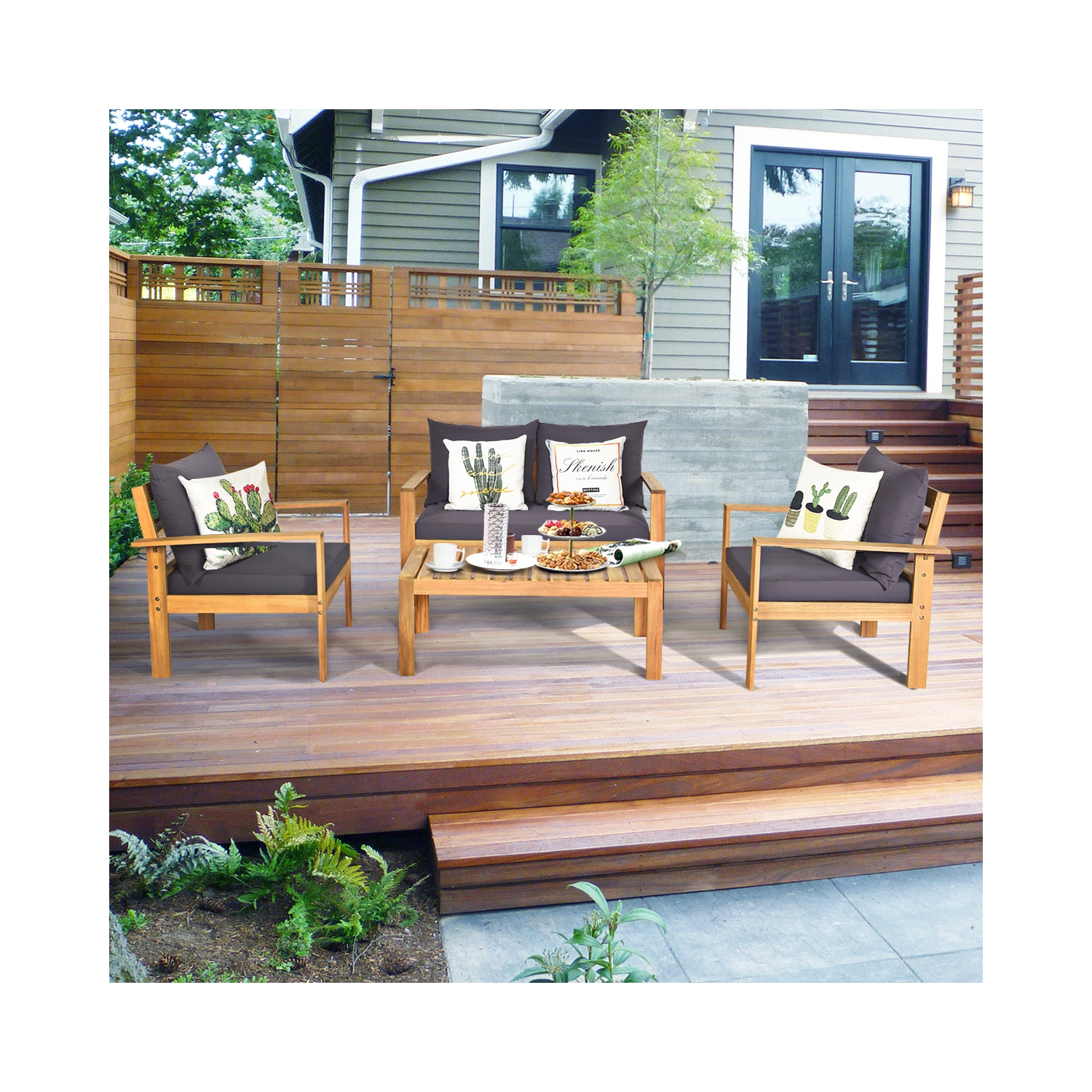 Costway 4PCS Patio Furniture Set Acacia Wood Thick Cushion Loveseat Sofa Garden