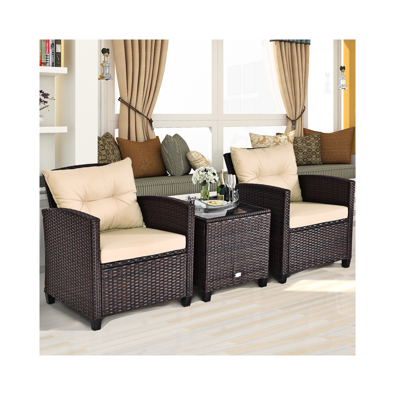 Ensemble de meubles de patio en rotin de 3 pièces de Costway pour canapé rembourré