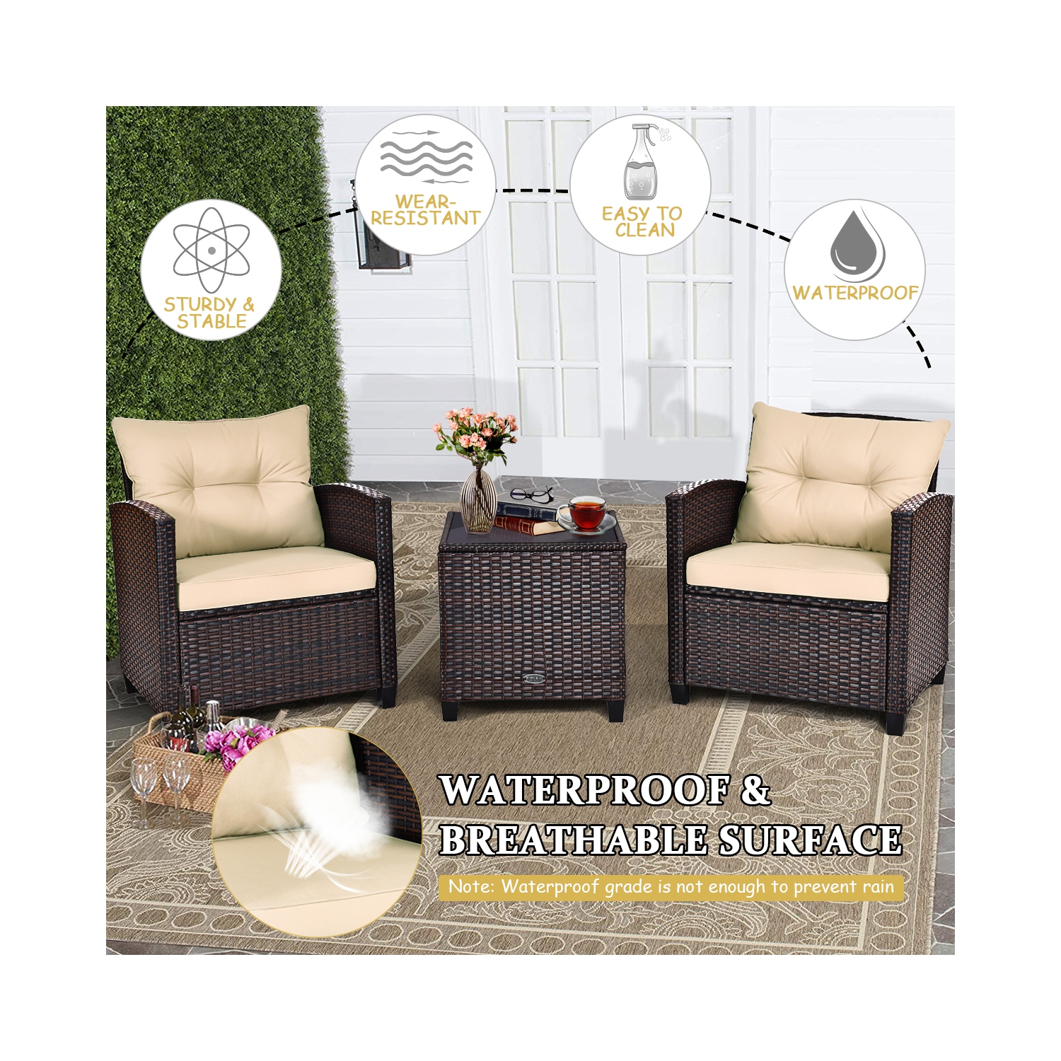 Ensemble de meubles de patio en rotin de 3 pièces de Costway pour canapé rembourré