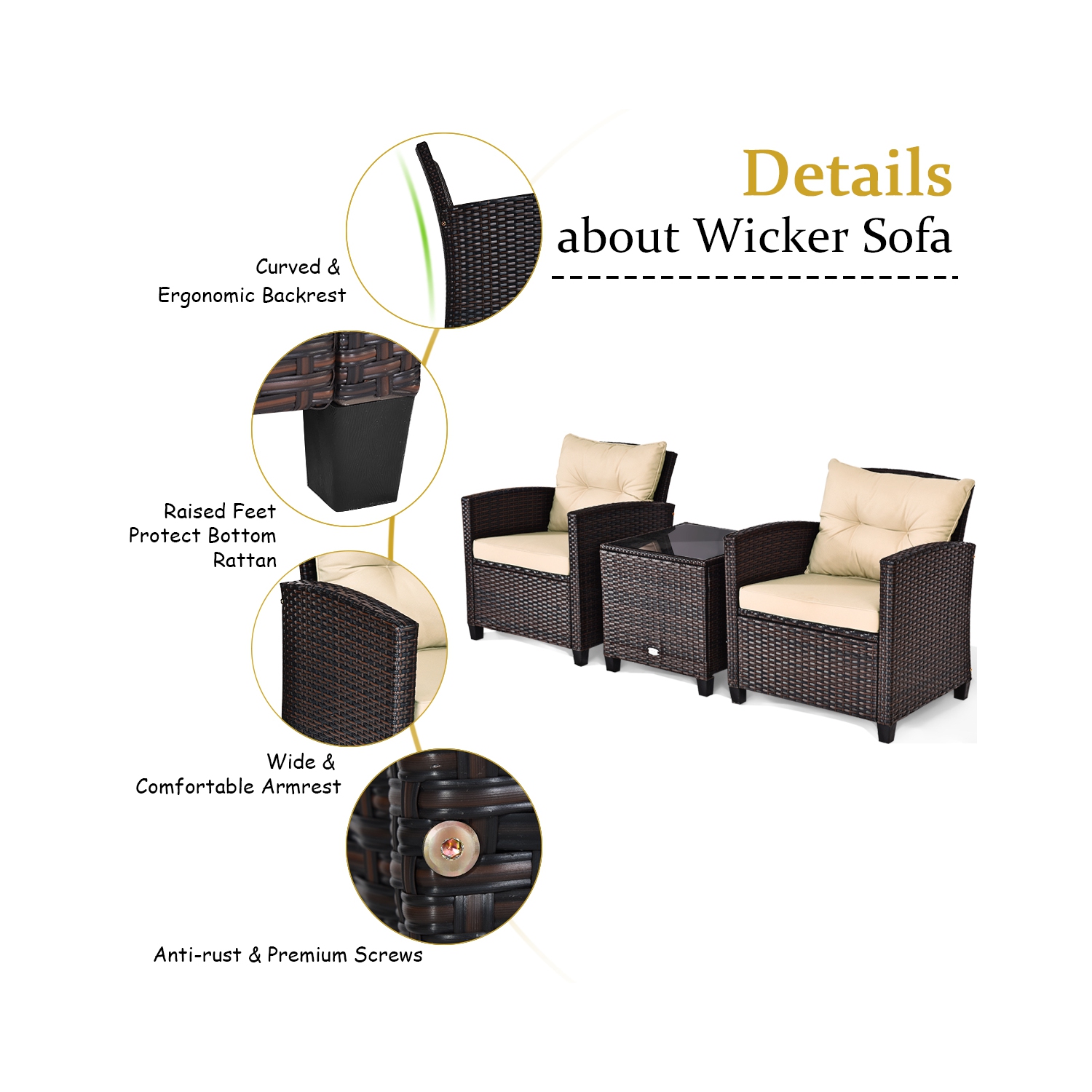 Ensemble de meubles de patio en rotin de 3 pièces de Costway pour canapé rembourré