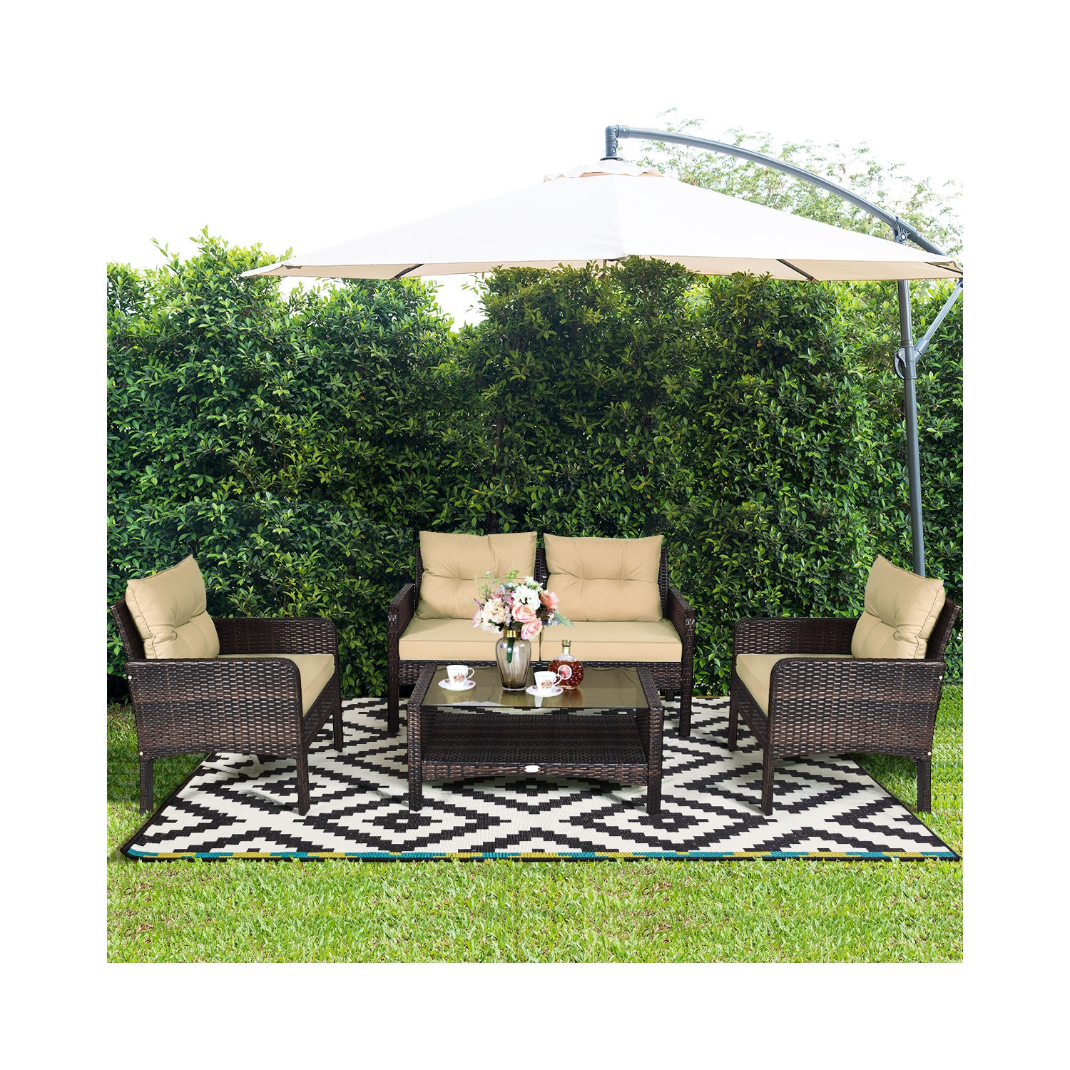 4PCS Ensemble de mobilier de patio extérieur en rotin Canapé table basse Fauteuil Accoudoir avec coussin Costway