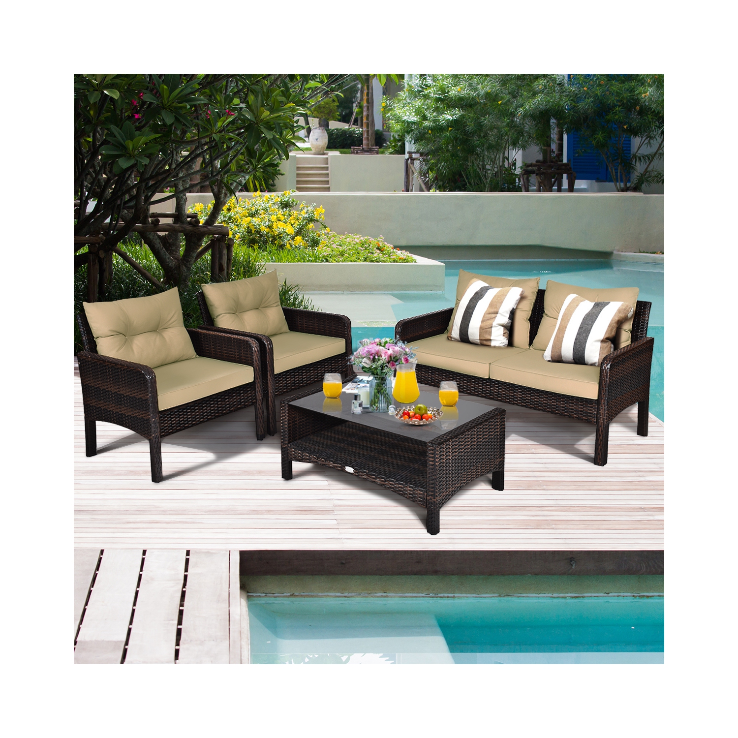 4PCS Ensemble de mobilier de patio extérieur en rotin Canapé table basse Fauteuil Accoudoir avec coussin Costway