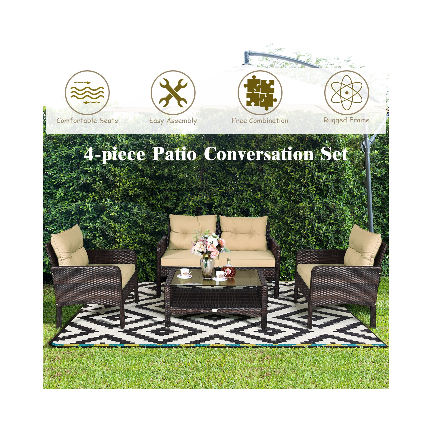 4PCS Ensemble de mobilier de patio extérieur en rotin Canapé table basse Fauteuil Accoudoir avec coussin Costway