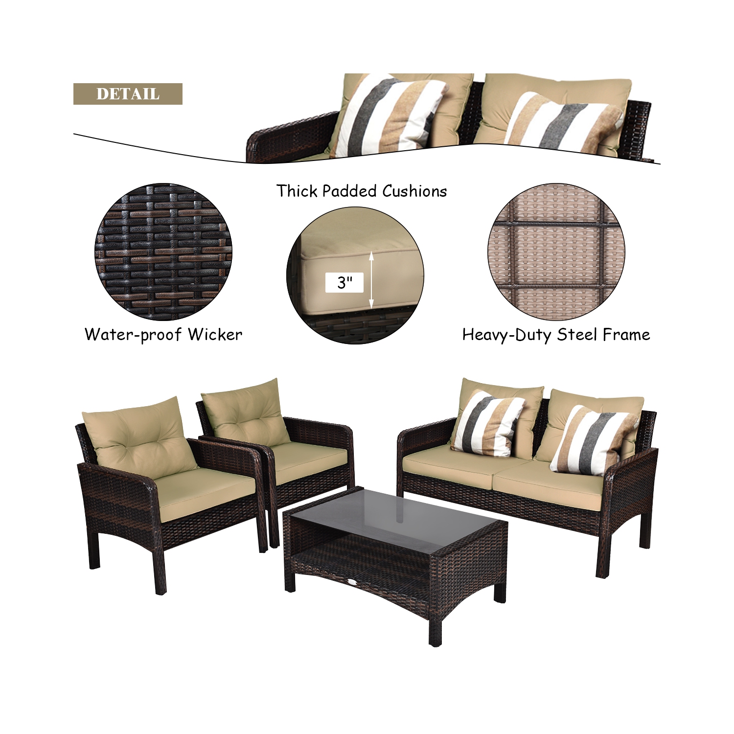 4PCS Ensemble de mobilier de patio extérieur en rotin Canapé table basse Fauteuil Accoudoir avec coussin Costway