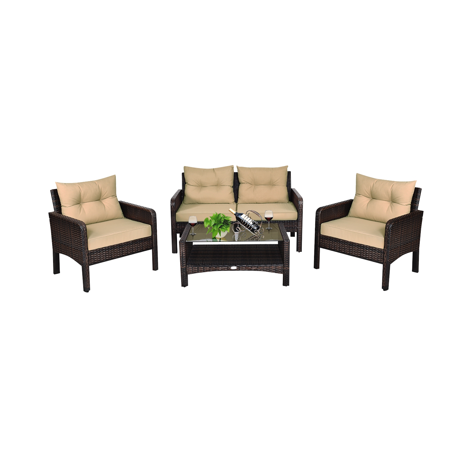 4PCS Ensemble de mobilier de patio extérieur en rotin Canapé table basse Fauteuil Accoudoir avec coussin Costway
