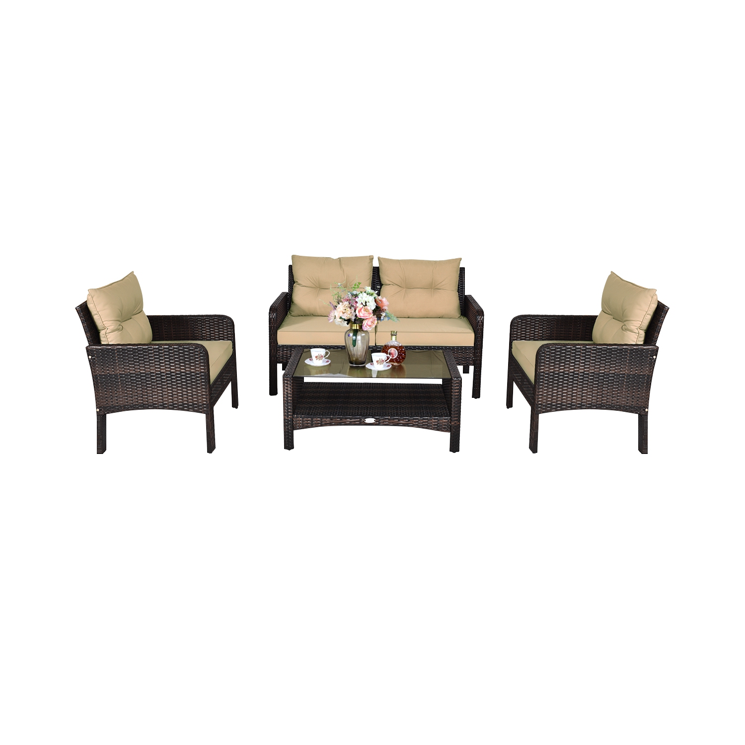 4PCS Ensemble de mobilier de patio extérieur en rotin Canapé table basse Fauteuil Accoudoir avec coussin Costway