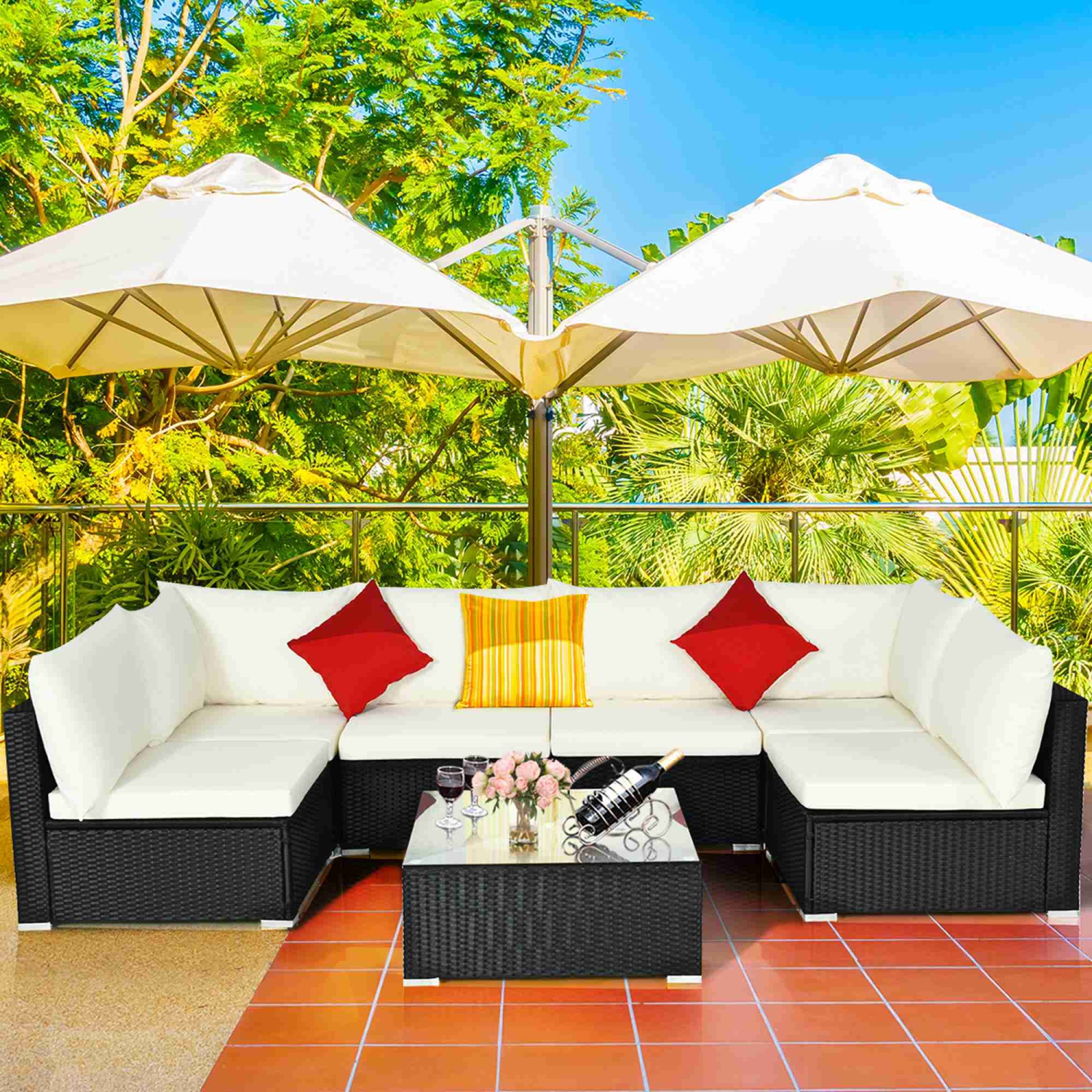 Costway 7PCS Patio Rattan Sofa Set Sectional Conversation Furniture Set Garden
