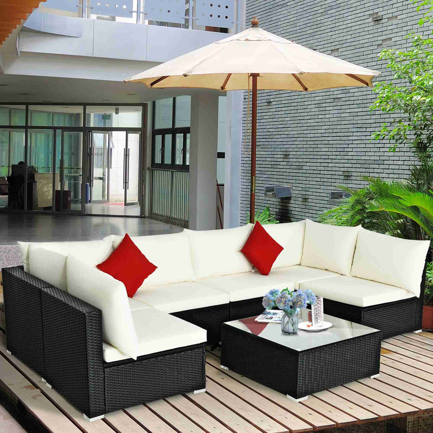 Costway 7PCS Patio Rattan Sofa Set Sectional Conversation Furniture Set Garden