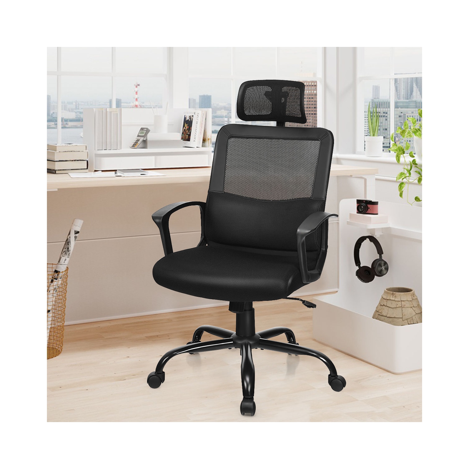 Fauteuil de bureau ergonomique pivotant en filet avec dossier haut de Costway, soutien lombaire et appuie-tête